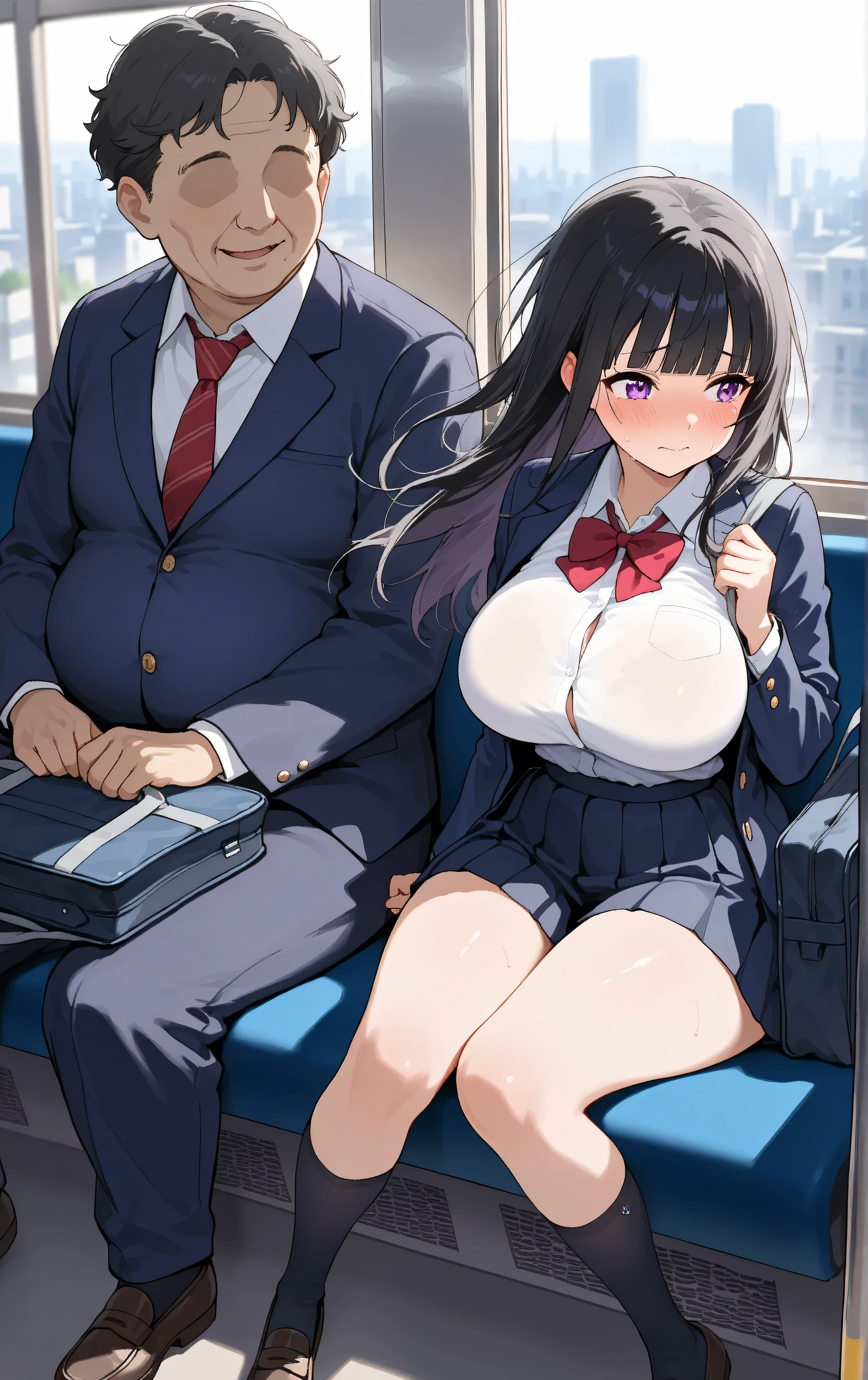 masterpiece, best quality, amazing quality, very aesthetic, 1girl , big breasts, wide hips, black hair, long hair, blunt bangs, purple eyes, school uniform with white blouse, navy blazer, pleated skirt, knee-high socks, loafers, sitting on a bus seat near the window, sunlight streaming through the window creating soft shadows, blurred cityscape outside the window, holding a school bag on lap, slightly disheveled hair from wind, embarrassed expression with flushed cheeks, warm and cozy atmosphere inside the bus
, 1boy , ugly man, (peeking:1.1), faceless male character, depth of field、 open legs