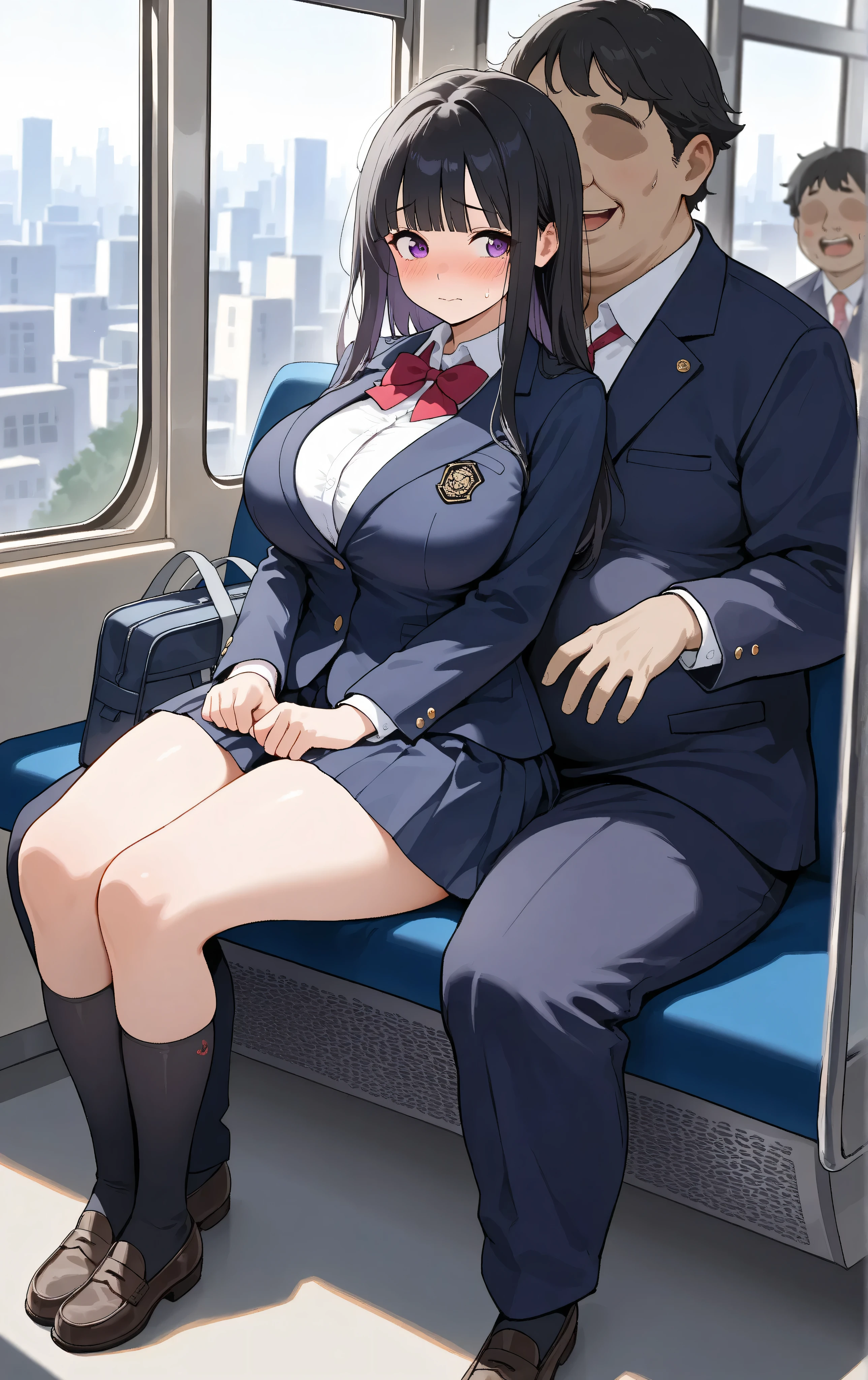 (masutepiece)), ((Best Quality)), (Ultra-detailed),Detailed face, Realistic, Portrait, hightquality,school girl being Molestered by a groper in business clothes, 1girl in, 1boy,hetero, Grabbing, grabbing on breasts, School uniform, Blue Check Skirt, Short socks, breasts, Crowded train, On the train,grope,chikan,Molestered,Molestation,anguish,Scared,blushed