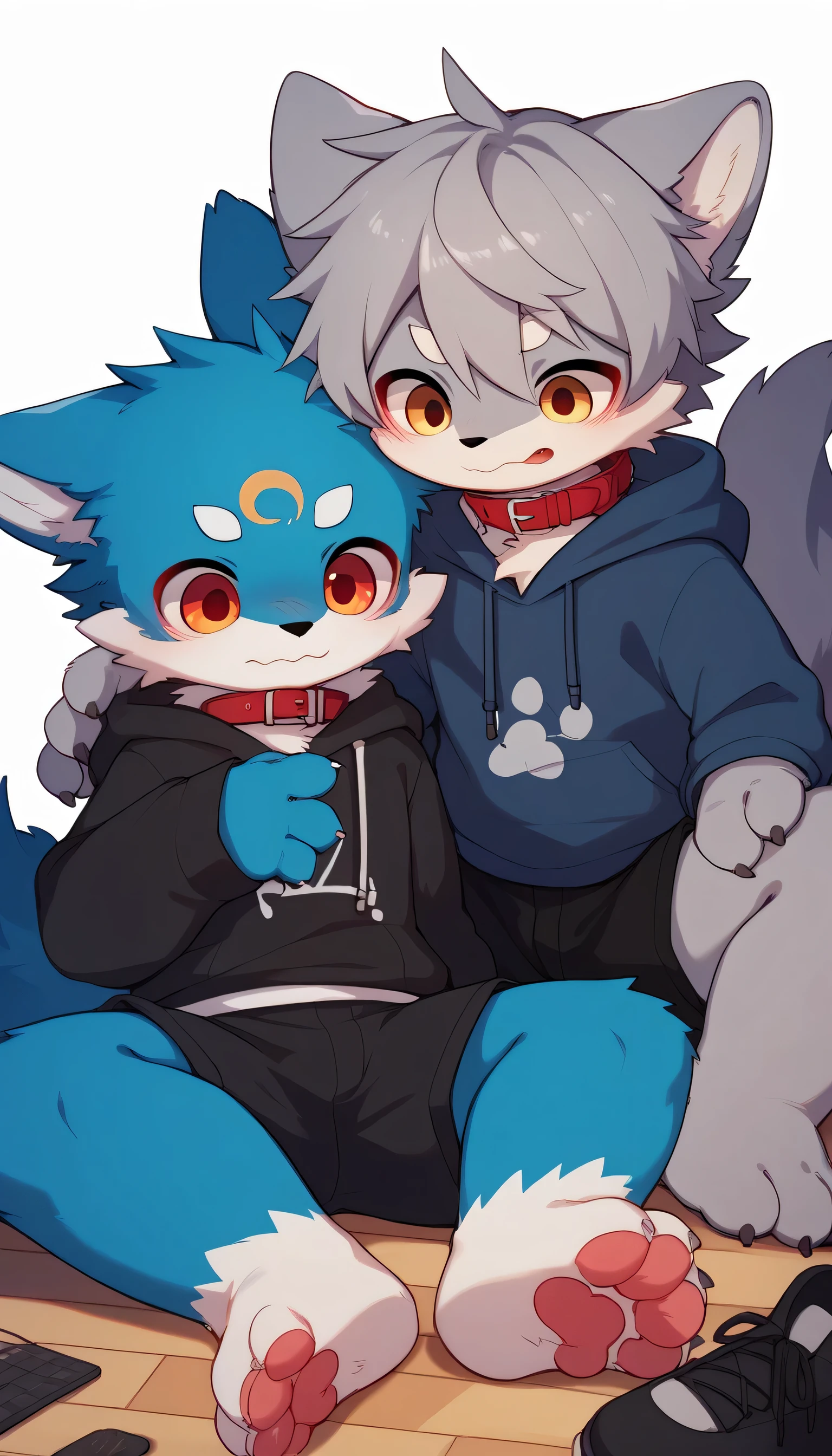 in great detail having fun in great detail,gray hair and gray fur , blue fur ,blue wolf, shemono,,Participation, red collar on the floor, cute face, fluffy fur ,The three cute furries dance !Horny boy , white background , embarrassed face,cute grey fur fur , estrus, droopy ears,,Two friends , black shorts , sweatshirt , Long Sleeve ,trend,