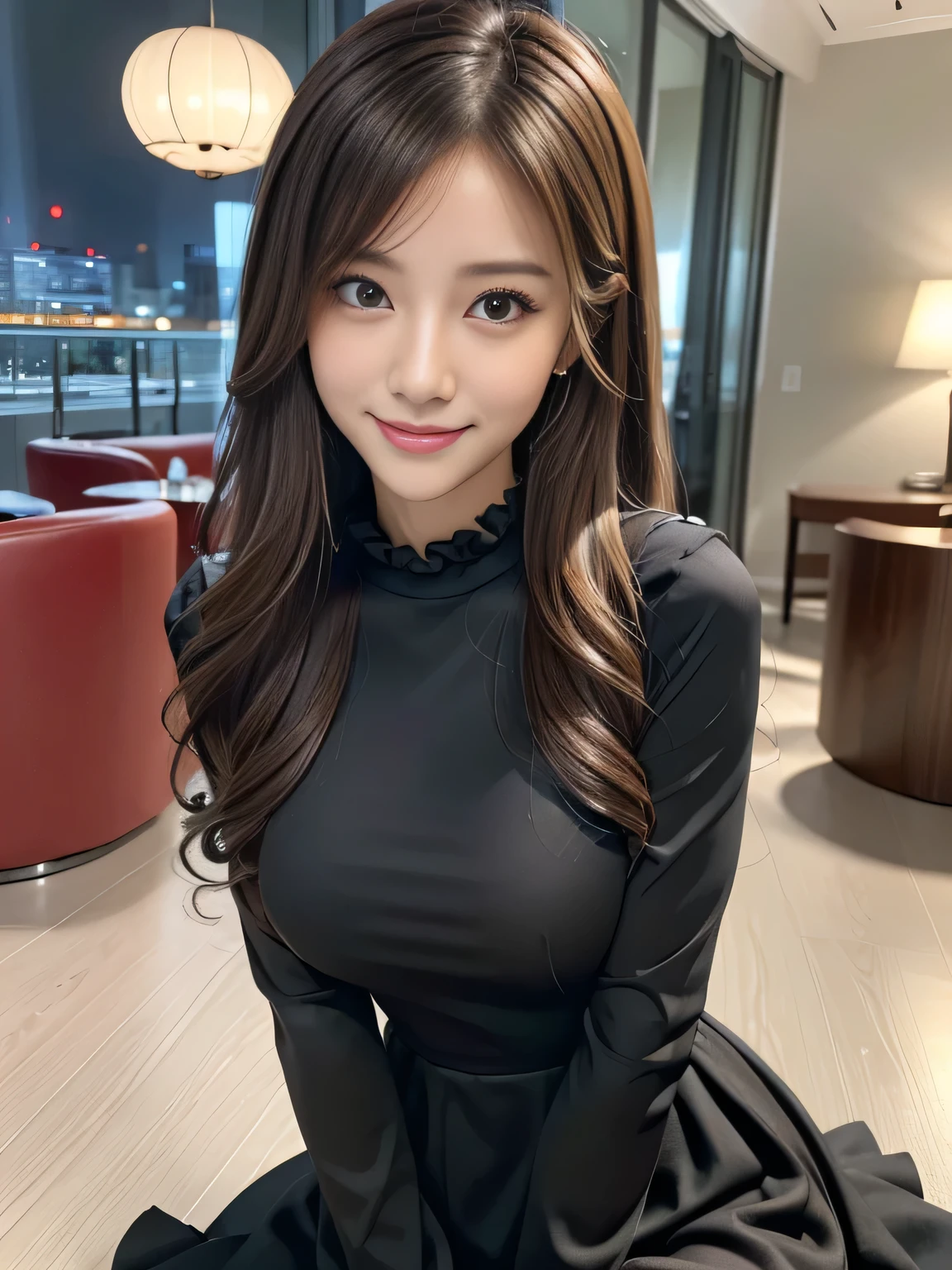 masterpiece, best quality, ultra-detailed, intricately detailed hyperdetailed, realistic, sharp features, highly detailed, sharp focus, Realistic, Photorealistic:1.3, perfect face, perfect symmetrically eyes, perfect full lips, hyper detailed, hyper realistic, high resolution, Taiwanese idol, Cute and sexy, fascinate, Beautiful Face, (Ruffle Black long sleeves dress:1.2), (Solid Slim A-line Party Dresses), light brown hair, Beautiful hairstyle, (Slightly open mouth), (naughty smile), hotel lounge, cinematic lighting,