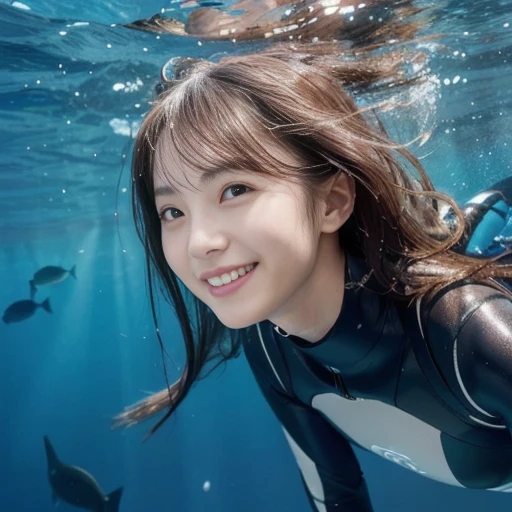 Create a picture of a girl, sailing in a boat on the sea, Dolphin swimming nearby