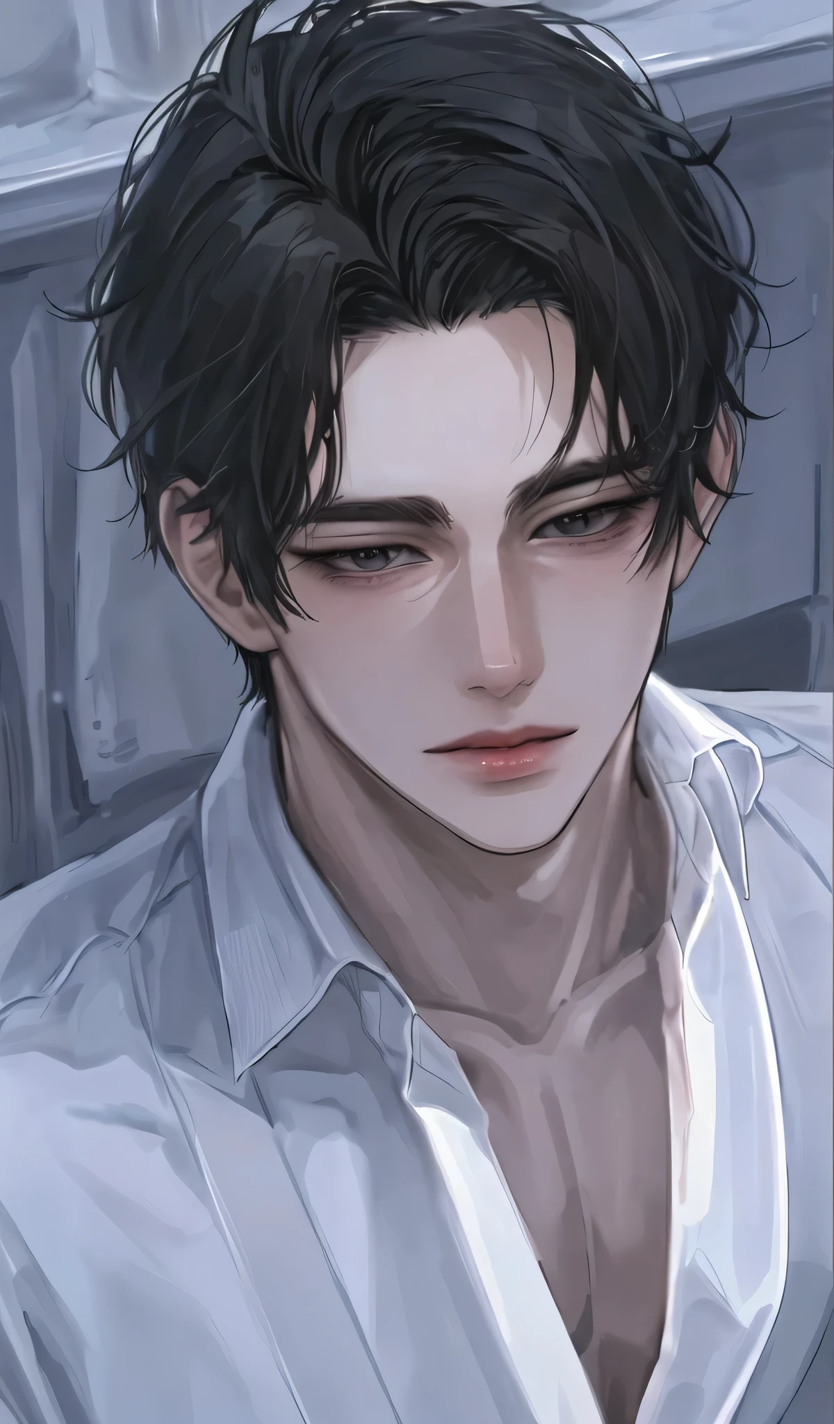 1 man, portrait, Beautiful handsome, alone, lips, male focus, random color, looking at the viewer, short hair, black gentle expression, suit,black hair