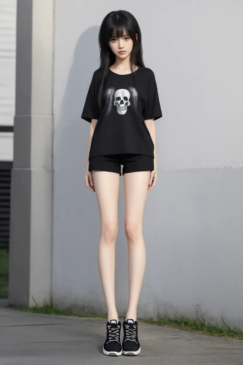 prompt a woman with a black t-shirt with a skeleton and black pants and branded shoes and who has a cap and who is beautiful full body