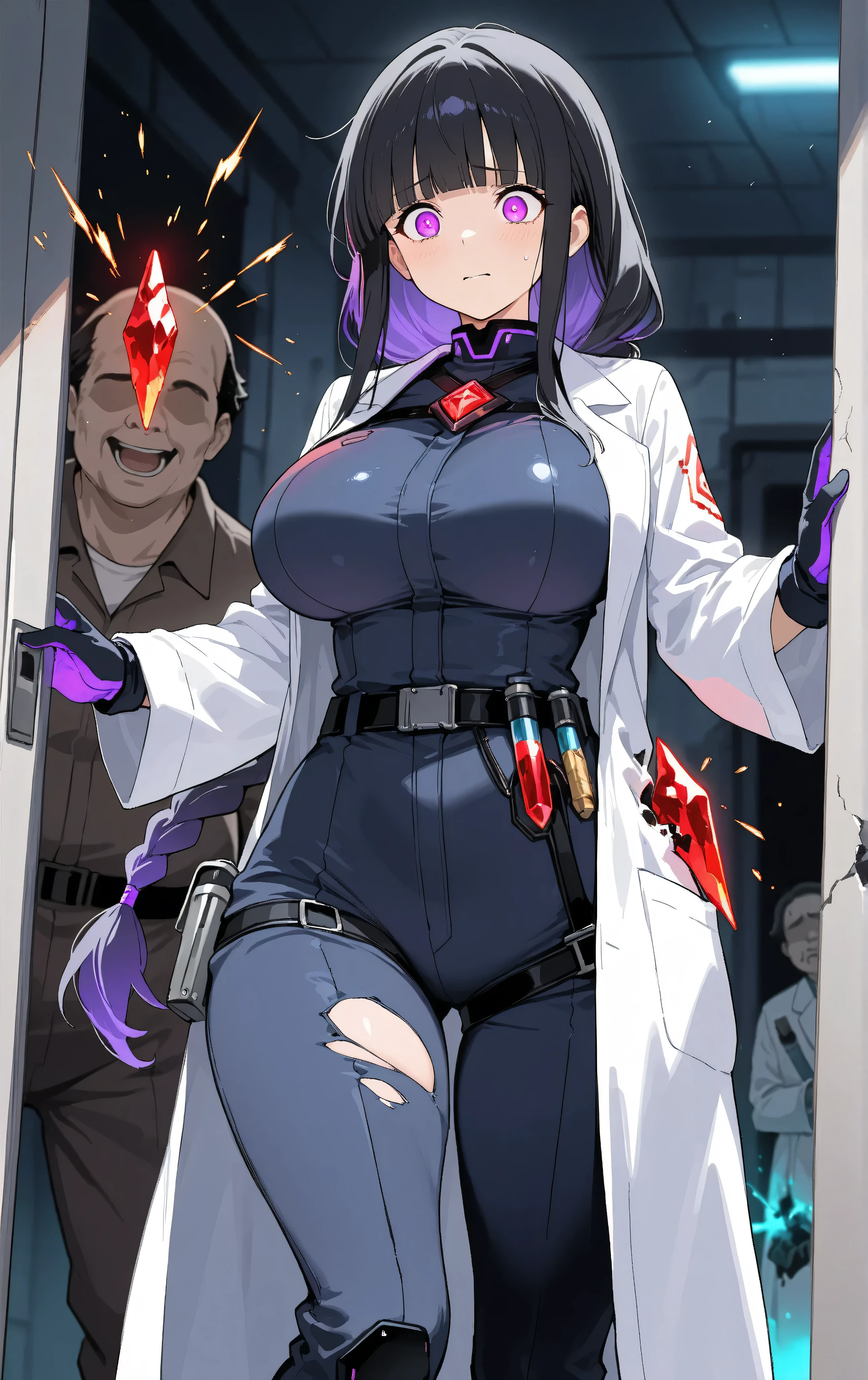 masterpiece, best quality, amazing quality, very aesthetic, 1girl, big breasts, wide hips, black hair, long hair tied into a loose braid, blunt bangs slightly covering her glowing purple eyes, wearing a torn and slightly burned lab coat over a dark jumpsuit with utility belts and gloves, standing in the center of a chaotic secret laboratory with broken glass and overturned equipment, holding a glowing red crystal in her hands emitting an ominous light, sparks flying from damaged machinery in the background, determined yet worried expression
, 1boy, ugly man, (peeking:1.1), faceless male character, depth of field