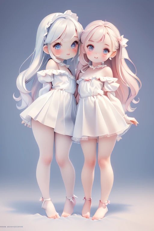 ((petite cute 2girls)), ((cute face)), ((puffy eyes)), ((masterpiece)), ((best quality)), ((ultra detailed)), ((exquisite)), (depth), (crisp), (8k), ((beautiful and aesthetic)), (super detailed skin), ((high standard)), ((highres)), (perfect anatomy), (blush), (lipstick), (strap slip), (barefoot), (hug, kiss)