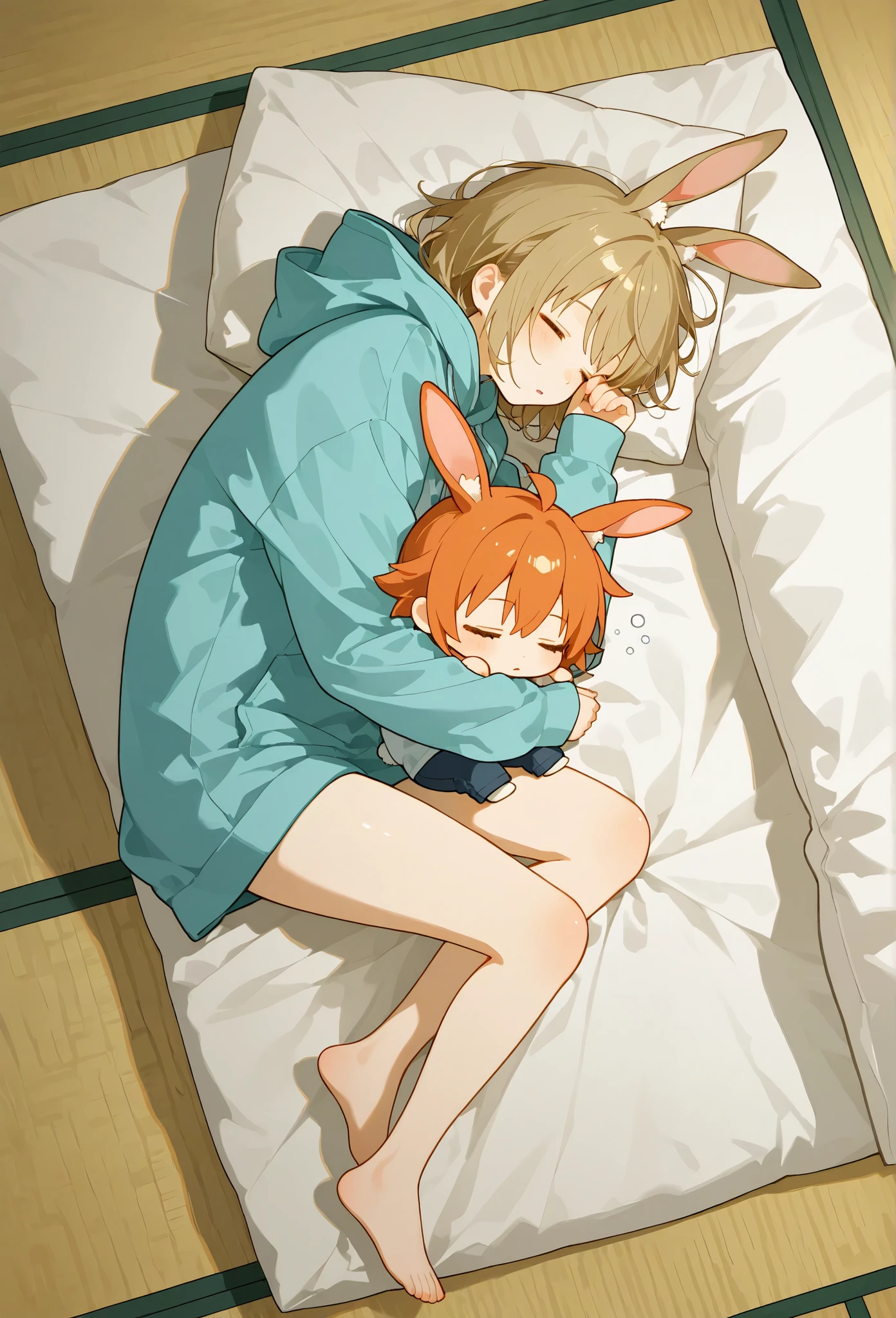 chibi charactor,Sleepy little character wearing a blue wide-fit knee-length hoodie,prone, sprawled out,full body,From above, a Japanese-style room, a girl wearing a hoodie, a hood with rabbit ears, lying on a tatami mat, sleeping, back of head, relaxed, Does it look dead?