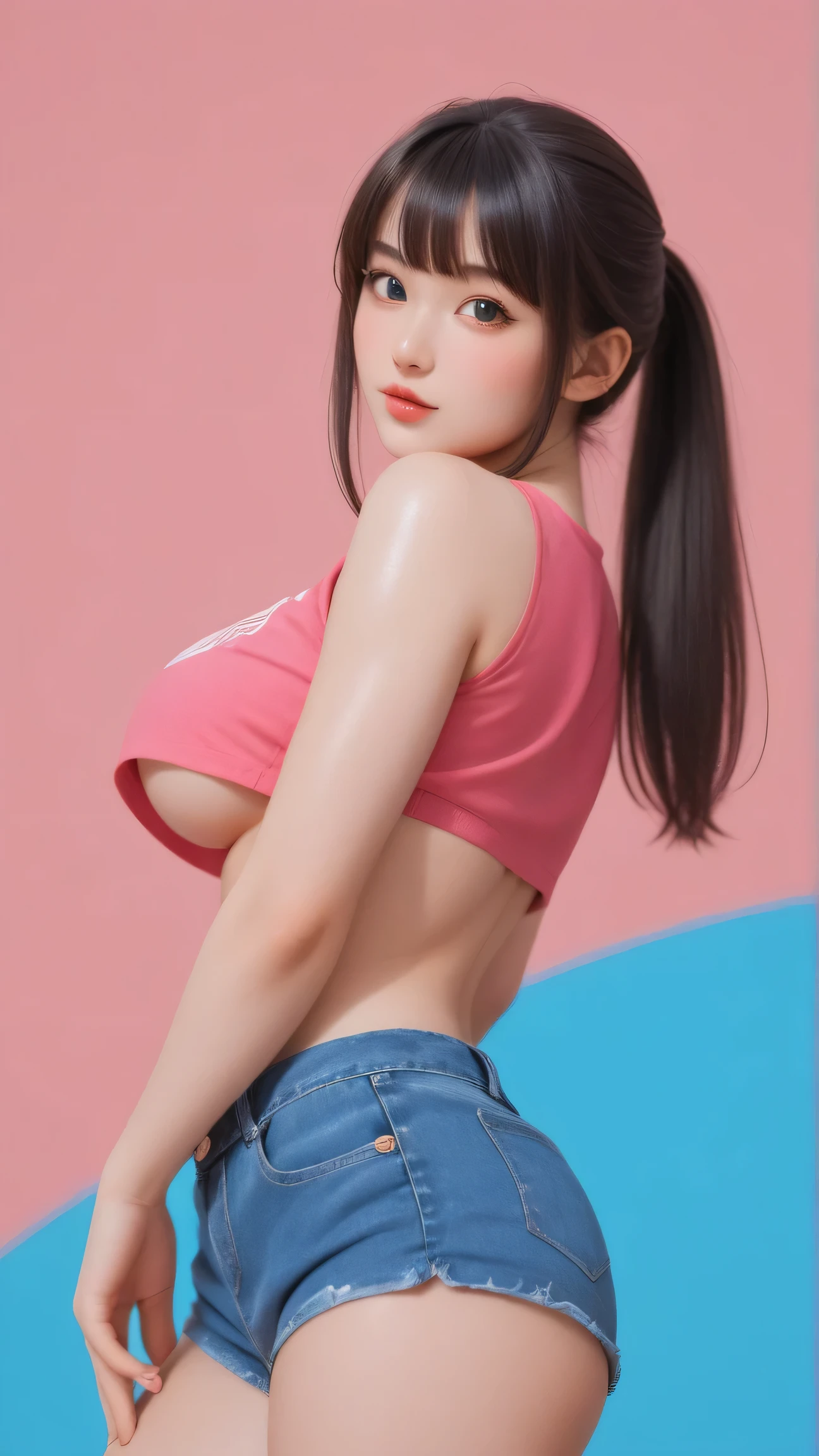 master piece:1.5、(minimal art, line drawing), 1girl,solo,Blue Background,huge breasts, crop top, short shorts, underboob, High Ponytail,Unbelievably long hair,cowboy shot , looking at viewer,Simple style,wide angle, Dynamic Angle,(bangs_pinned_back:1.5),(head_tilt:1.7),(cuvrybody:1.1),Lively posture,From the front,From below, looking at viewer, , (eyes looking off to side), Highly detailed, Amazing work,Vitreous luster, blues, purples, pinks, Best quality at best, ((shiny skin)), no background, colorful background, green background, pink background, purple background, blue background, Style retro classic, illustrated anime, heavy blushing, body blush,