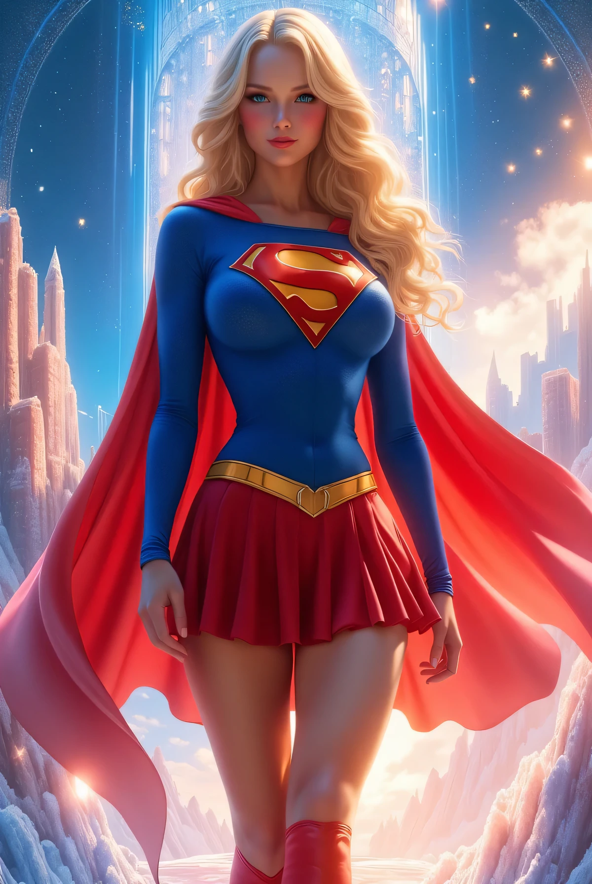 Create an image of Supergirl with flawless, radiant beauty and an ideal, athletic figure. She has golden blonde hair that cascades in soft waves and captivating blue eyes that exude confidence and charm. She wears her classic Supergirl costume: a bright blue fitted top with the iconic red and yellow "S" emblem, a flowing red cape, a short pleated red skirt, and a yellow belt with a bold buckle. Her tall red boots, with subtle yellow trim, add a touch of elegance to her look. Her skin is smooth and glowing, her makeup is subtle yet enhances her features, and she has a confident, welcoming smile.
The setting is extraordinary: Supergirl stands on a floating island made entirely of shimmering crystals, glowing with vibrant hues of blue, pink, and gold. The sky above her is a mesmerizing mirrored surface that reflects the entire scene, creating an infinite, dreamlike effect. Ethereal light beams dance through the air, casting soft highlights on her figure and costume, making her appear otherworldly. She is striking a dynamic and captivating pose, with her cape billowing in the air, as she gazes confidently into the distance. This cosmic, magical environment perfectly complements her iconic presence, drawing all attention to her. The image should be in ultra-high resolution with intricate details, emphasizing both her beauty and the mesmerizing background.