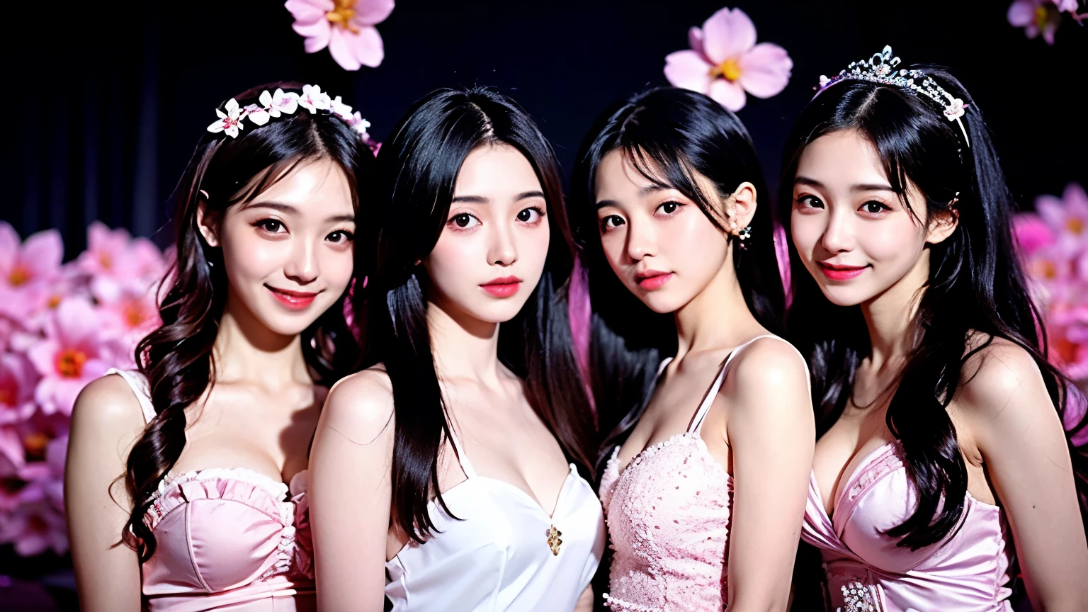 (RAW photo, best quality), (realistic, photo-realistic:1.4), masterpiece, an extremely delicate and beautiful, extremely detailed, 2k wallpaper,5 Korean idol groups, oft pastel outfit, gentle smile, dreamy and warm atmosphere, cherry blossom petals floating , 3 people with long hair, a stage costume