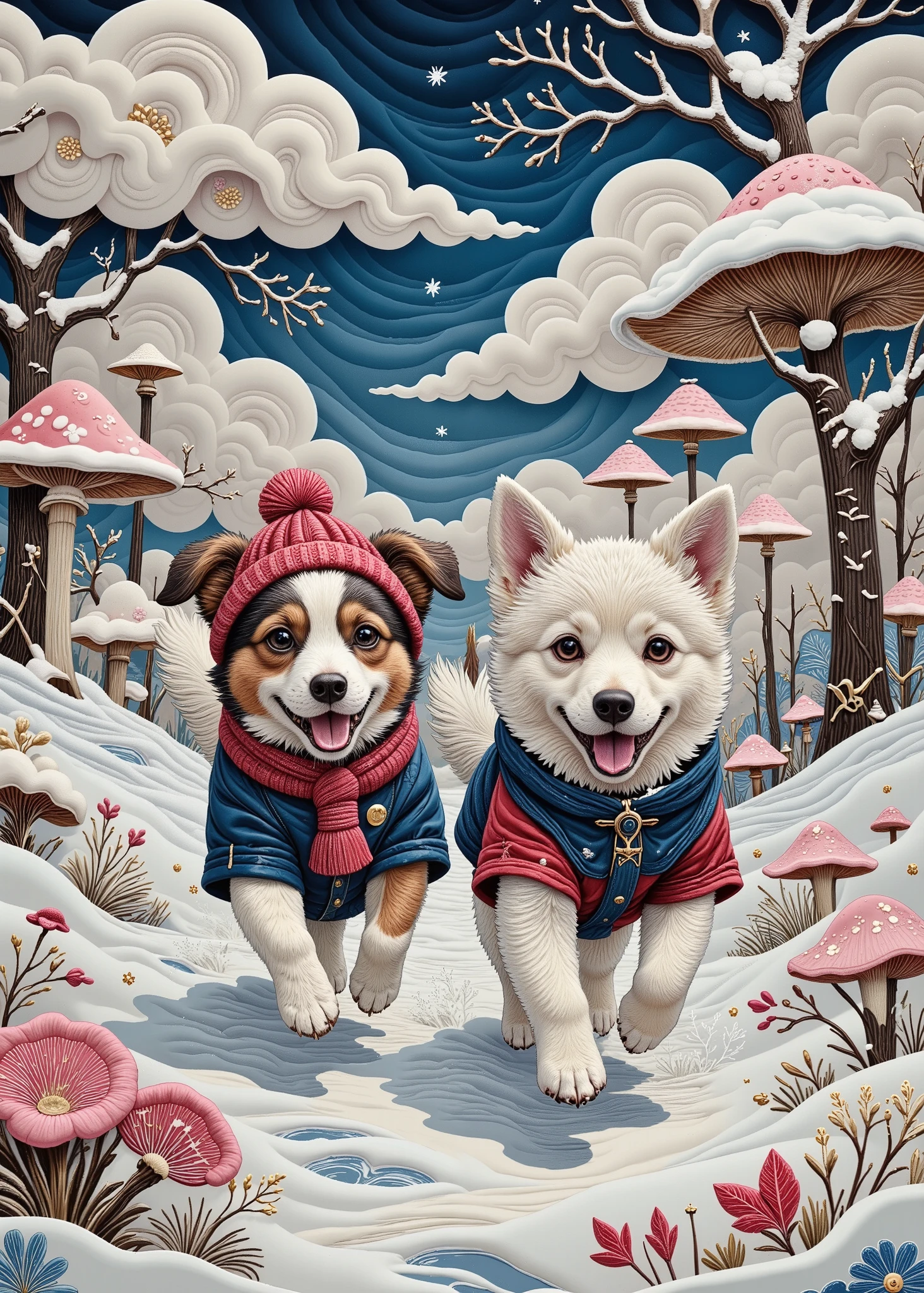 cute animal journeys , (Cats and dogs, I have 2 dogs running through the snow wearing cute adorable , jugando en el path of cotton clouds :1.5), very detailed faces and , surrounded by bioluminescent mushrooms , path of cotton clouds , ( envelope, Masterpiece:1.2), 超 Hi-Res , ( by Nomi , photo by Nomi , photo- by Nomi :1.37), Dark Fantasy, gothic, The conceptual , digital art, chiaroscuro, cinematic lighting, motion blur , Fuji Color, chromatic aberration abuse, 4K, 8k, Hi-Res, U Hi-Res, retina, Masterpiece, accurate, 解剖学的に accurate, textured skin, super detailed, Advanced Details , high quality, I arranged the , 最 high quality, Hi-Res, 1080P, Hi-Res, 16k