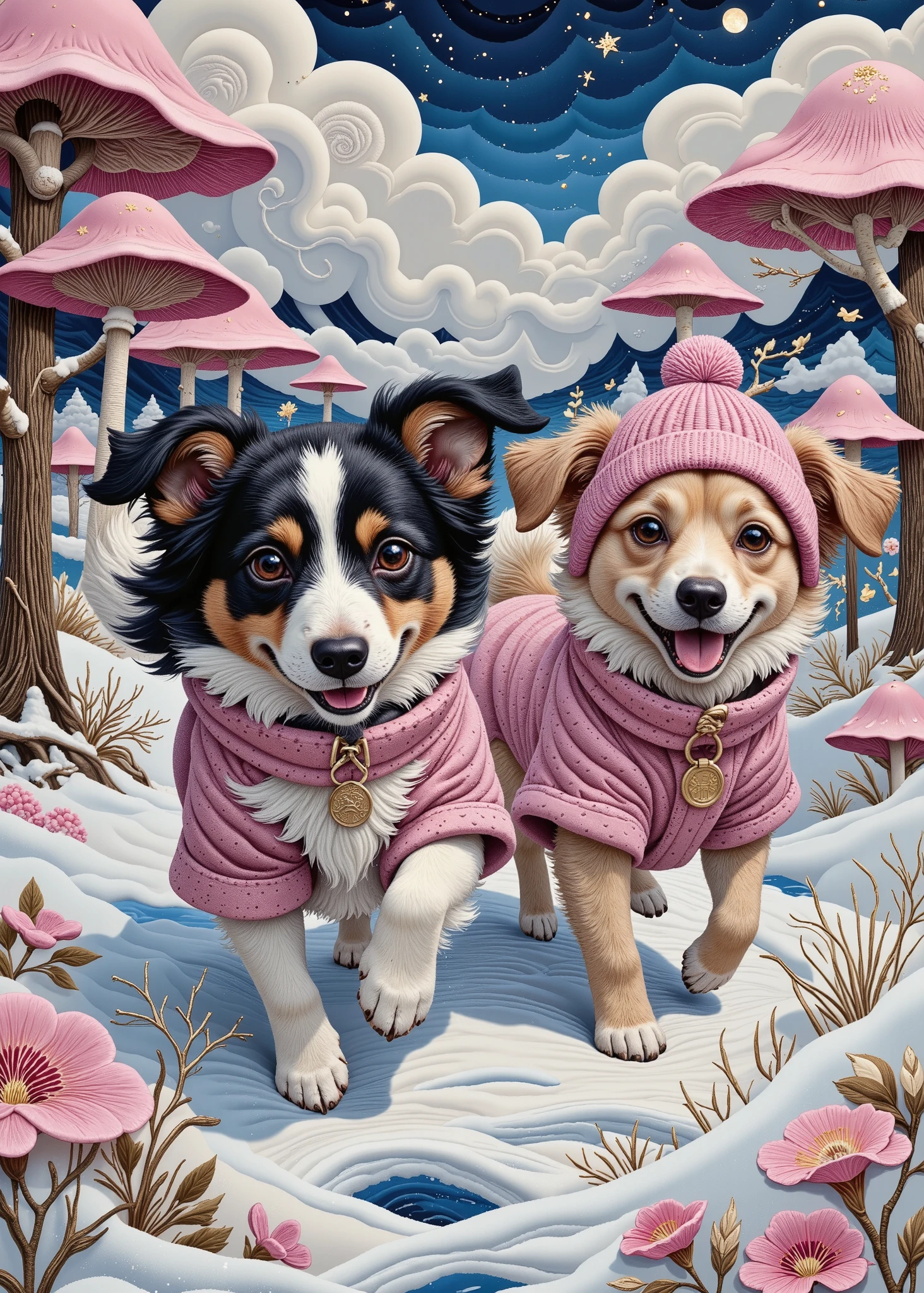 cute animal journeys , (Cats and dogs, I have 2 dogs running through the snow wearing cute adorable , jugando en el path of cotton clouds :1.5), very detailed faces and , surrounded by bioluminescent mushrooms , path of cotton clouds , ( envelope, Masterpiece:1.2), 超 Hi-Res , ( by Nomi , photo by Nomi , photo- by Nomi :1.37), Dark Fantasy, gothic, The conceptual , digital art, chiaroscuro, cinematic lighting, motion blur , Fuji Color, chromatic aberration abuse, 4K, 8k, Hi-Res, U Hi-Res, retina, Masterpiece, accurate, 解剖学的に accurate, textured skin, super detailed, Advanced Details , high quality, I arranged the , 最 high quality, Hi-Res, 1080P, Hi-Res, 16k
