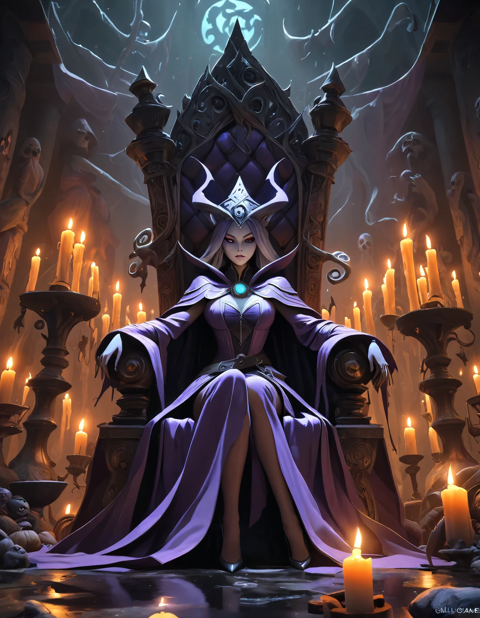 The image is a mystical illustration in the GhostlyStyle of 3DGame art, depicting the Witch Queen sitting upon her throne as she pours a cauldron of ghostly acid onto the floor, surrounded by eerie, glowing candles and mysterious artifacts. Her dark magic swirls around her, imbuing the scene with an air of CreepyCuteMagic.