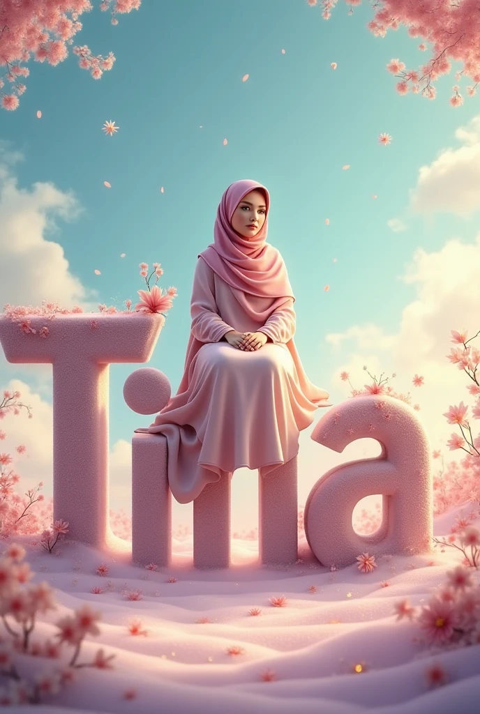 A girl waring hijab and neqab she is setting in gardan with roses and write name on his hijab mona
