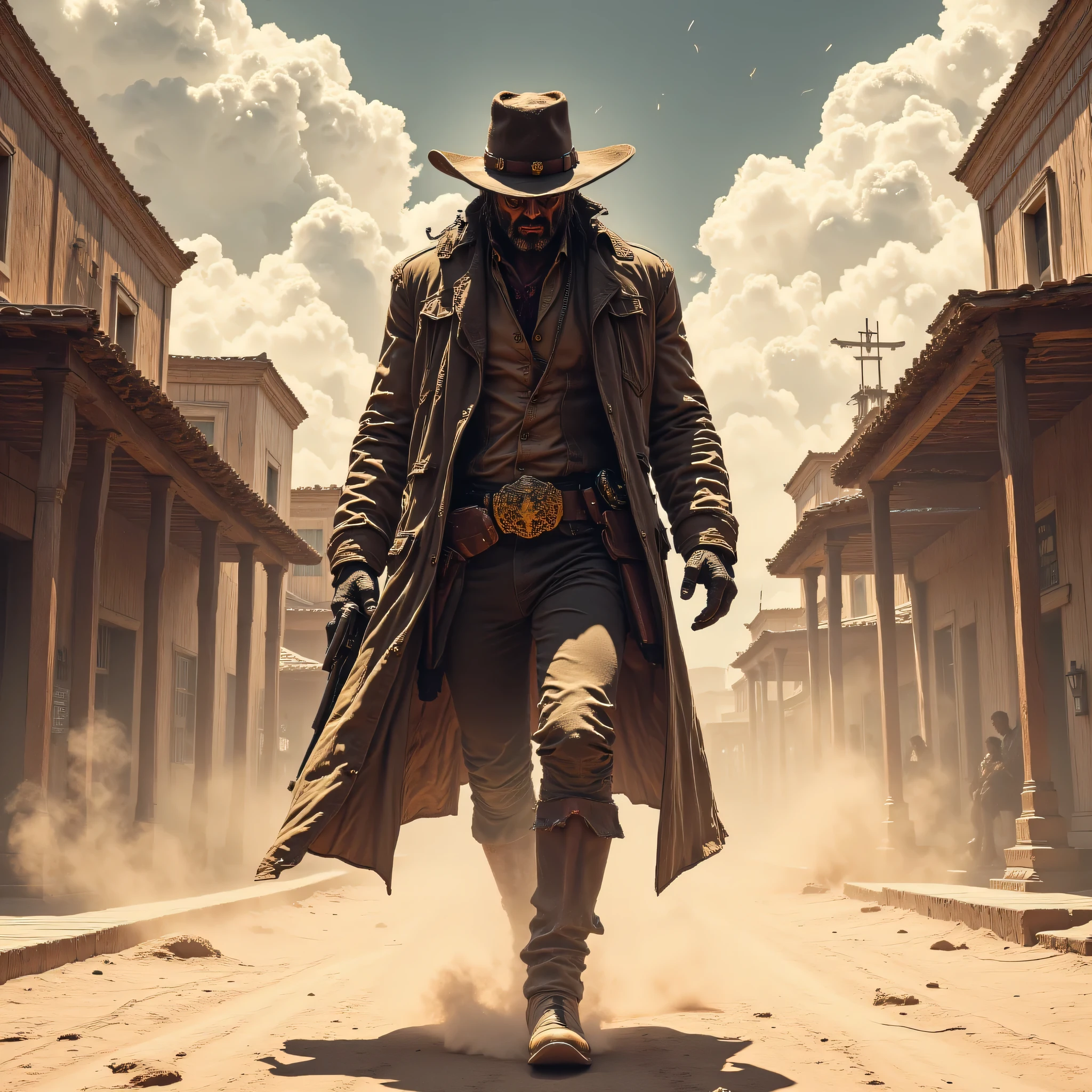 a Outlaw in a Trenchcoat, walks down the dustee street down in a western town, holding a gun in his hand, high quality, masterpiece, high detailed, 8k, sharp detail, Animeart 