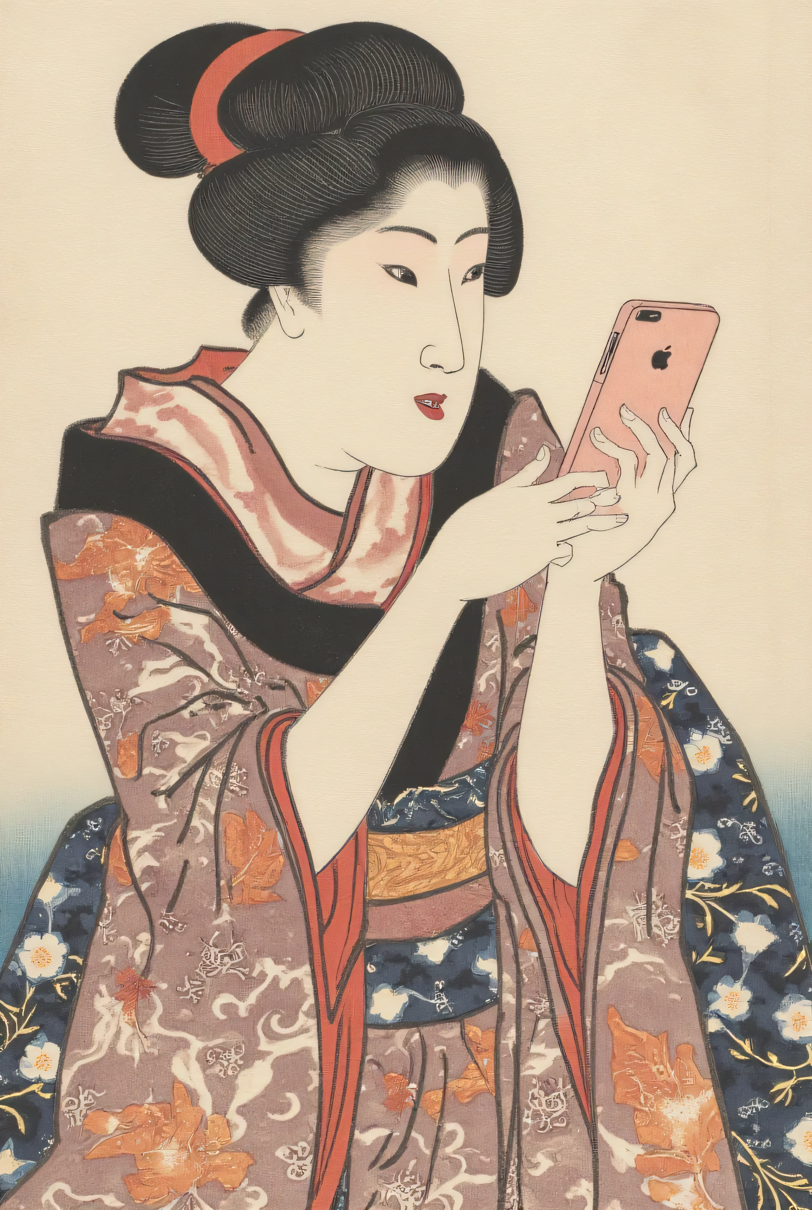 Ukiyo-e style, A maiko in a flashy kimono is looking at me with a pink iPhone, Geisha, Ukiyoe on Japanese paper , Mixed style of Sumi-e and Ukiyo-e , Contrast between details and blurring , Kimono, ArsMJStyle, Zen Ink Wash Sumi-e, tsukioka1 Japanese woodblock print ukiyo-e, upper body, half body photo.
