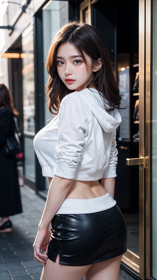 (8K, 超A high resolution, Best Quality, masutepiece:1.2)、RAW portrait of japanese girl、超A high resolution、top-quality、 (huge-breasted, cleavage of the breast:1.1)、(Knee-length tight skirt:1.7)、(hide the chest and navel:1.6)、(Wearing a big white hoodie:1.5)、(Stand with your legs spread:1.3)、(fitting room:1.2) BREAK (Natural Skin Texture、Detailed skin、Hyper-Realism、ultra sharpness)、intricate detailes、depth of fields、Sexy adult woman、Black hair shortcuts、Toned buttocks、((masterpiece、top-quality、high-detail))、(Photorealsitic:1.4)、独奏、closes mouth、Smile happily、big eye、Distinct double eyelids、Lashes、long neck、Absolute area、Clean collarbone、face perfect、thin lips、a small face、(Drawing the whole body 1.1)、(gazing at viewer、Highlights in the eyes、Light brown eyes、lipgloss)、long boots