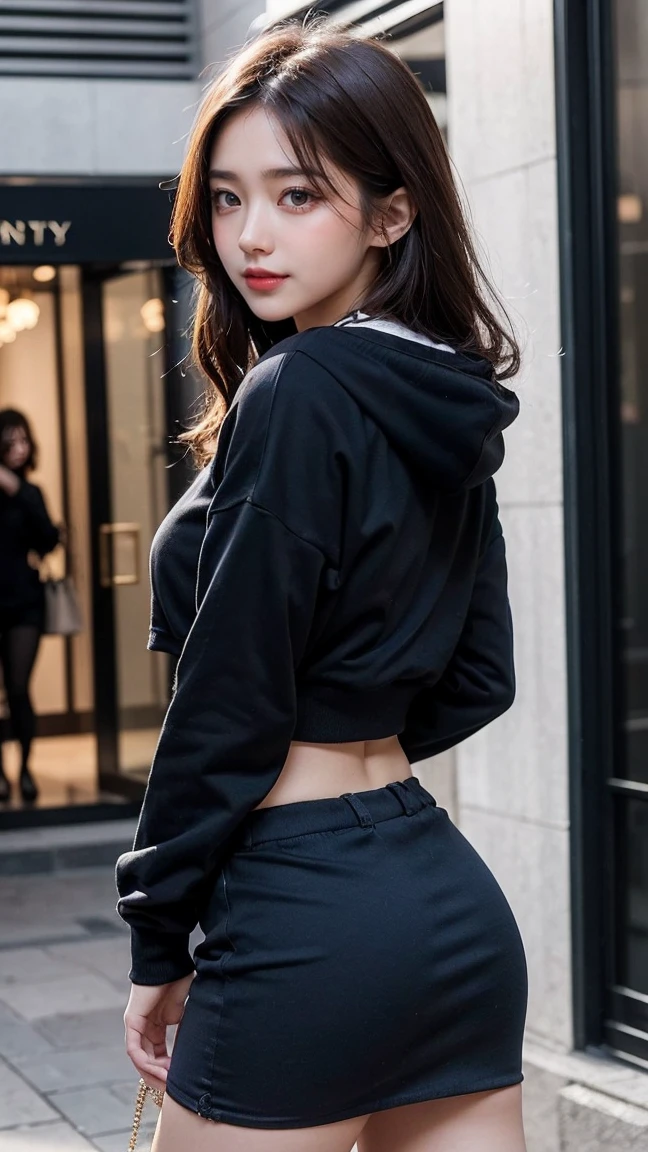 8K), (highest quality: 1.2), (realistic), (realistic: 1.37), ultra high resolution, (3 girls),(straight black hair), Giant Dulcefo, self snap,(school uniform),(black hoodie),(White hot pants),Standing in the city at night, whole body,long legs,beautiful feet,From the back,(Super small ass:1.3),ponytail,The lower part of her buttocks is slightly exposed from her hot pants.,back view,look forward