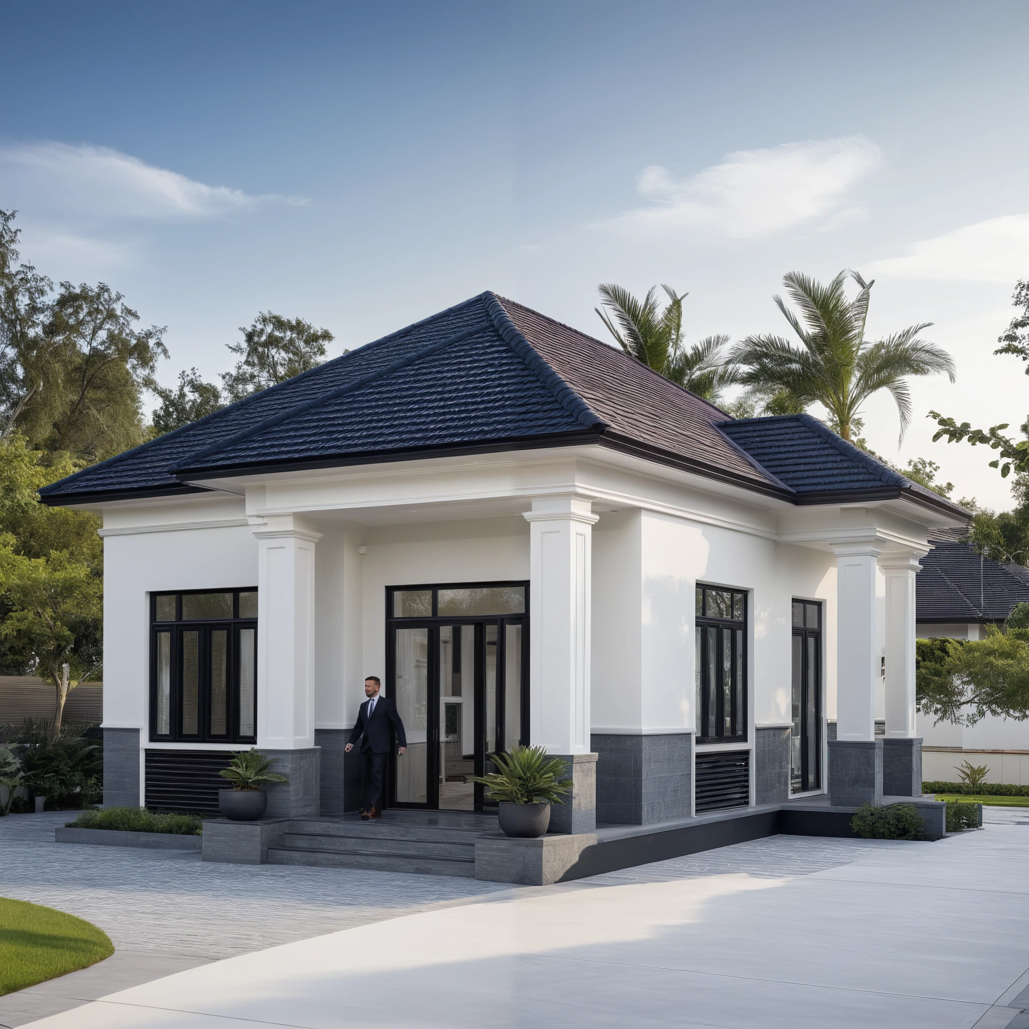 (masterpiece:1.2), best quality, photo of A two-story modern house with white walls and dark tiles on the roof, tree and plant, streetcapes, natural light, The exterior of an elegant single family home features large windows, a dark gray door frame.