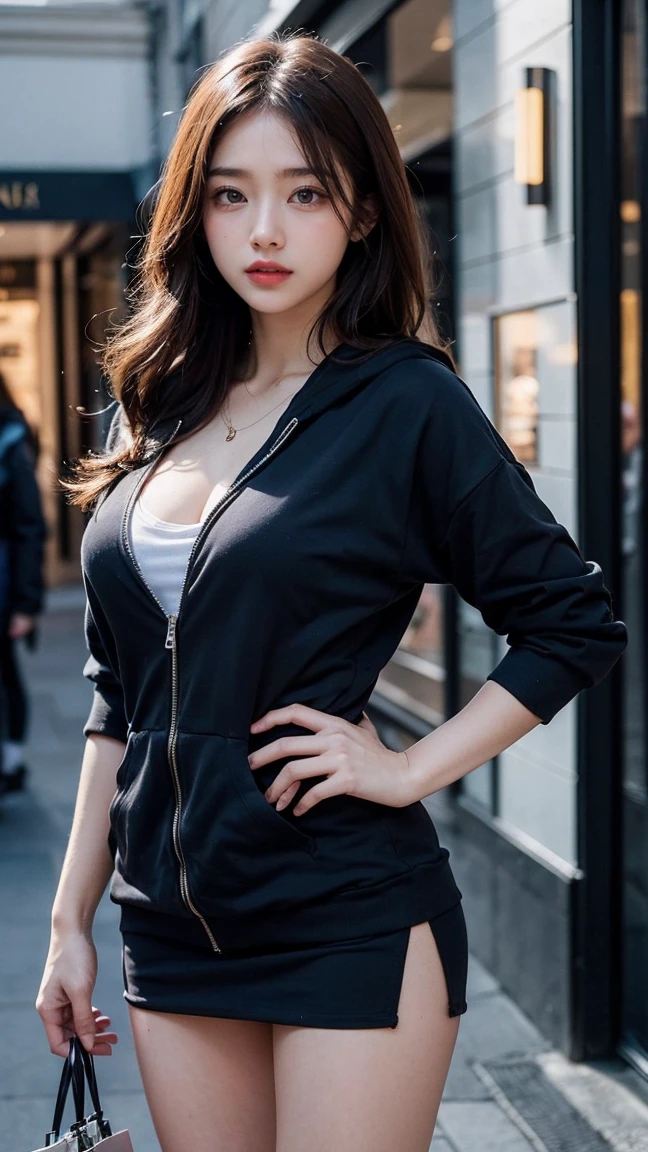 1 beautiful young girl, Super beautiful detailed face, smile shyly, small breasts, deep cleavage:0.8), (oversized full zip hoodie:1.3), (Grey tartan check pleated skirt), (skirt lift by myself), (flip up the skirt), (lace panties, show panties:1.3), (Skirt blowing in the wind:1.3), hime cut hair, (Fine face:1.2), High quality, Realistic, extremely detailed CG unified 8k wallpaper, highly detailed, High-definition raw color photos, professional photography, Realistic portrait, Cinematic Light, Beautiful detailed, Super Detail, high details, (((Bokeh))), depth of fields, illumination, Neon Street, Super stylish lighting, halloween night, pumpkin lantern
