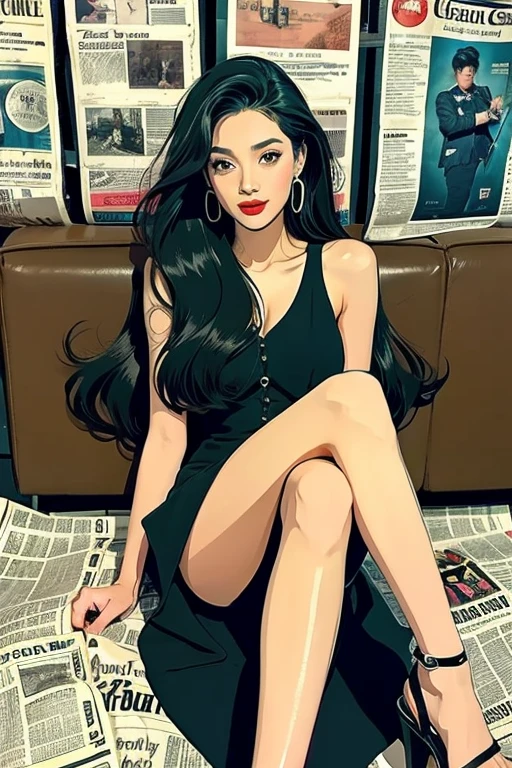 (Graphite painting),(Ms. Arav sits cross-legged on a worn-out sofa),(She wore a white shirt and jeans),Young wild Asian face,A mixed-race face,(closure),(Slightly square chin:0.4),(lazy),A bit like Vivian,Perfect face,Squinting,Like a fox's eyes, Cocktail Dress Clutch,High heels high heels background:A shabby wall covered with old newspapers,
90s anime style,Thick outline,Graphic Arts,Line Art,Black and white lines,Black and white flat color,带笔压的Line Art,Ink pen sketch with pen pressure,Calligraphy Pens and Fountain Pens,G-Pen style with pen pressure,Hand drawn thick lines,High contrast , IG model , Art bud,