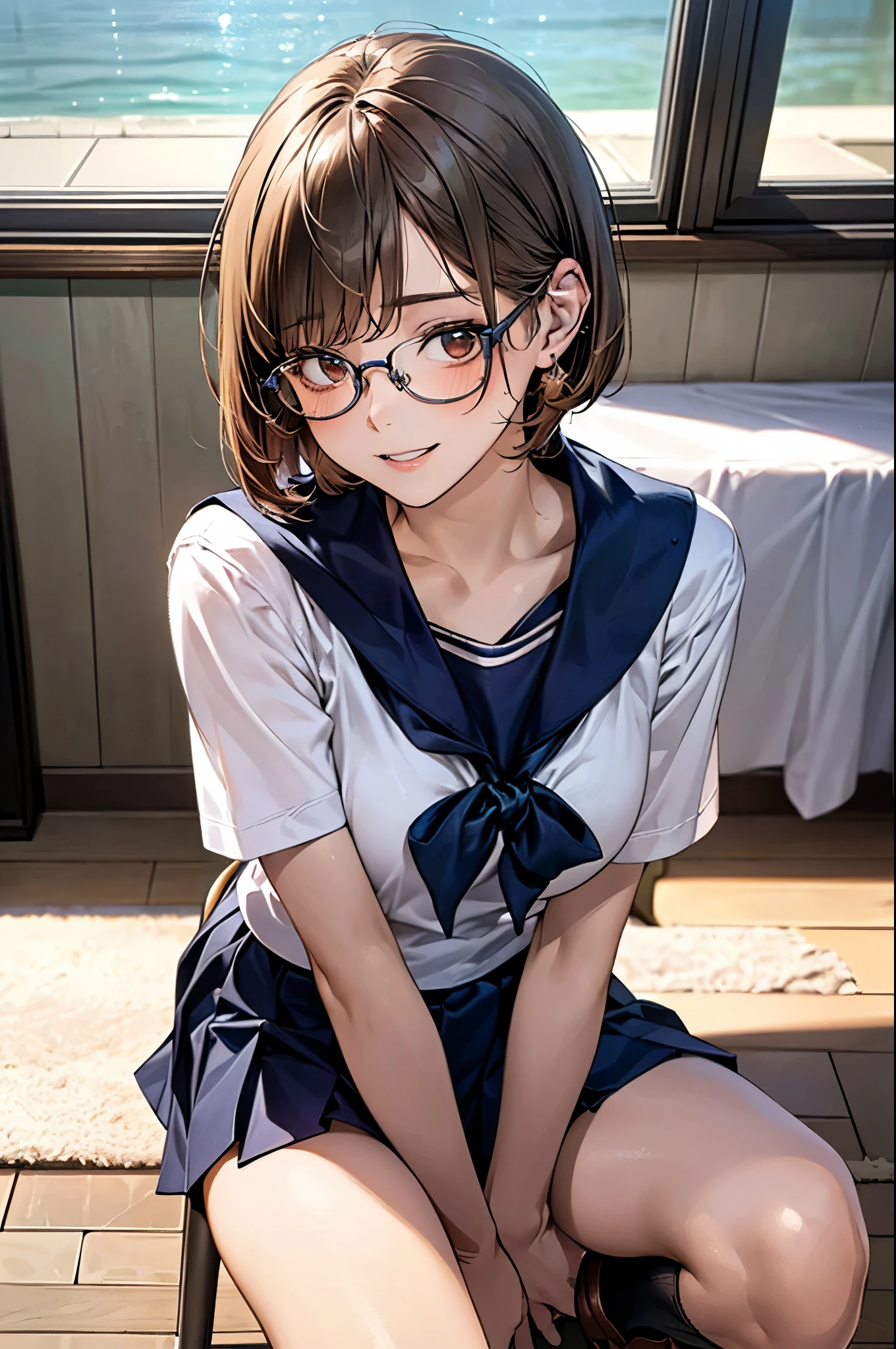 squat、Mischievous Smile、surprise、Shyness、Expectations、Shyness、School、classroom、Midsummer、blue sky、Daytime、pretty girl , Shooting from below, One Girl, Brown Hair、Very short hairstyle, Brown eyes、Red frame glasses、Short sleeve white blouse, Navy Blue Skirt, Navy blue socks, Brown Loafers, White panties、Thin legs、Simple design Masterpiece