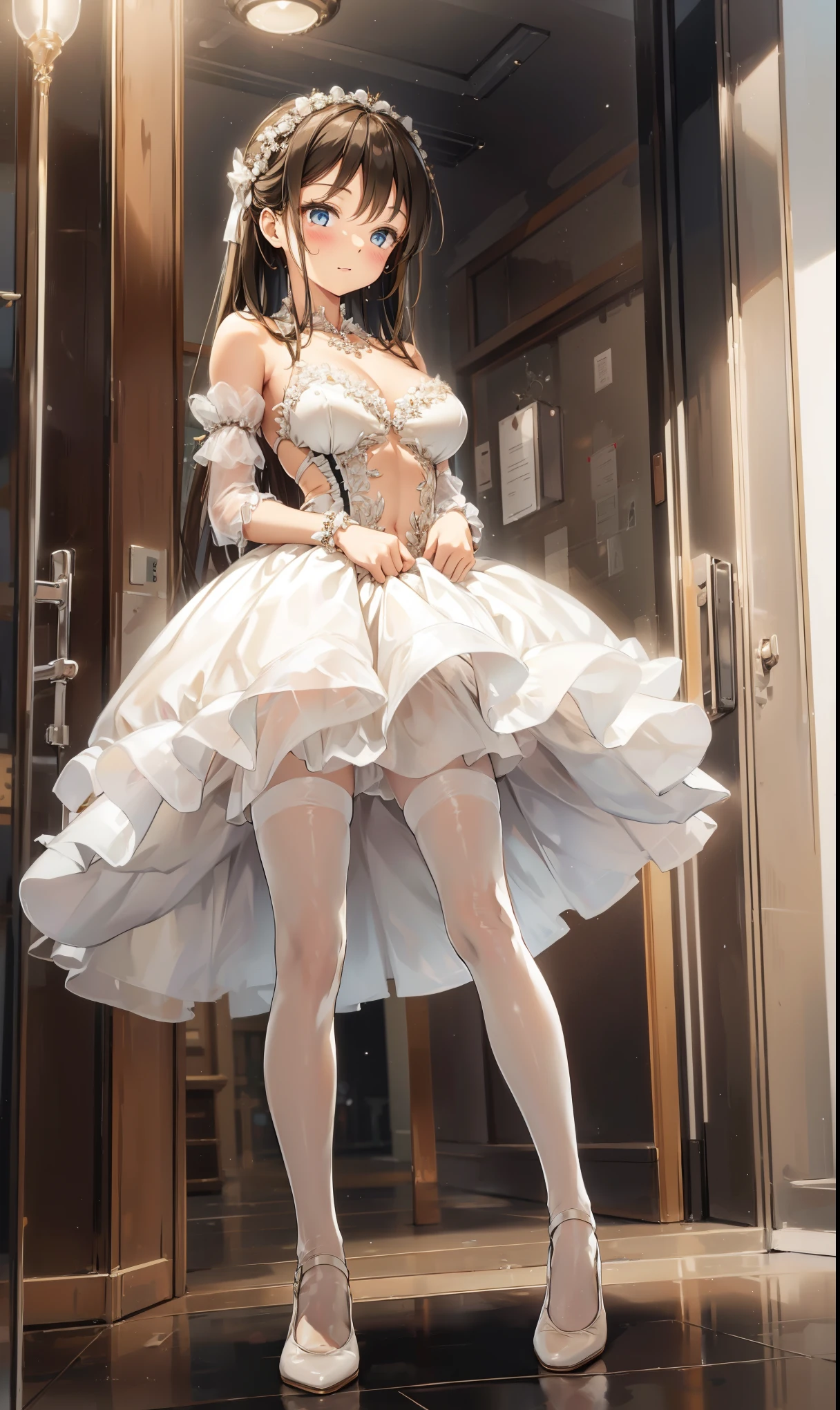 top quality, highest resolution , beautiful woman , (pure white ballet dress),cascading skirt, tulle, pantyhose, beige hair