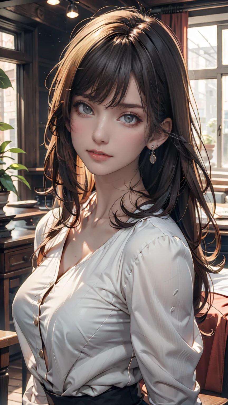 (masterpiece,best quality,ultra_detailed,highres,absurdres) solo, female focus, mysterious, Extremely gorgeous, 1 mature female, 25-ish, long black sleek hair, flat bangs, green highlight, floating hair, sidelocks, beautiful detailed Glass hair, delicate beautiful face, smirk smile, Iridescence and colorful eyes (detailed eyes), closed_mouth, Delicate arms and hands, (((big_breasts))), (Silver eyes), white skin, delicate metal decorations, earrings, Beautifully gorgeous necklace, flowing lace, surreal, intricate light, Flying green petals, lens flare, absurdres, highres, very fine 8KCG wallpapers, simple background, ((close-up shot)), (((modern clothes))) (vest, looking at viewer, collared shirt, long sleeves, white shirt, black vest, earings).