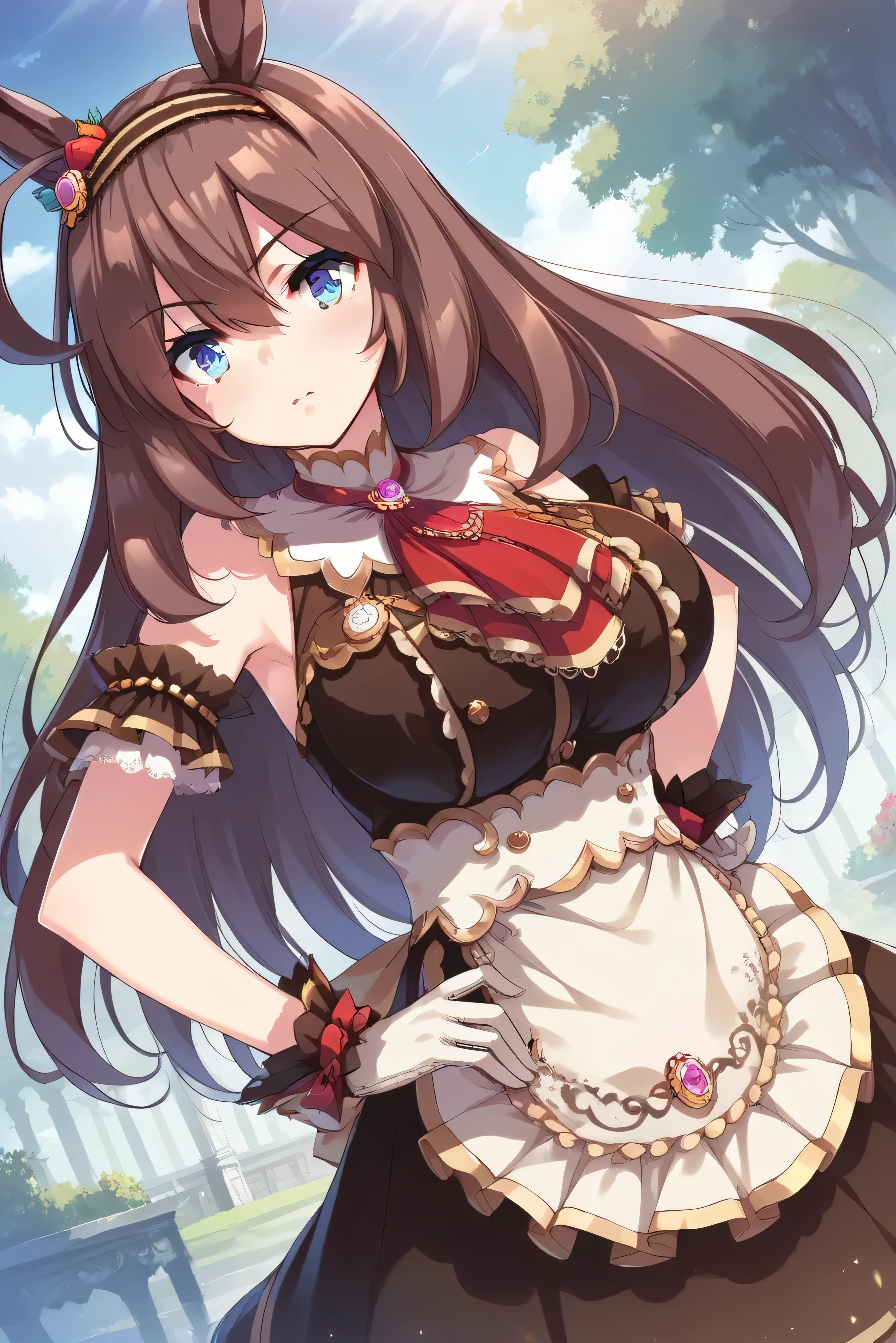 score_9, score_8_up, score_7_up, (tomose),(takeda hiromitsu:1.2), masterpiece, best quality, absurdres, unity 8k wallpaper, official art, official style, source_anime, uncensored, game cg, megami magazine, ultra delicate hair, mihono bourbon \(umamusume\), 1girl,(umamusume), horse ears, brown dress, looking at viewer, brown hairband, brooch, closed mouth,white gloves, red ascot, waist apron, sleeveless, arm garter, strawberry hair ornament, brown hair bow, wrist frilled cuffs,cowboy shot,(large breasts),hands on hip,happy