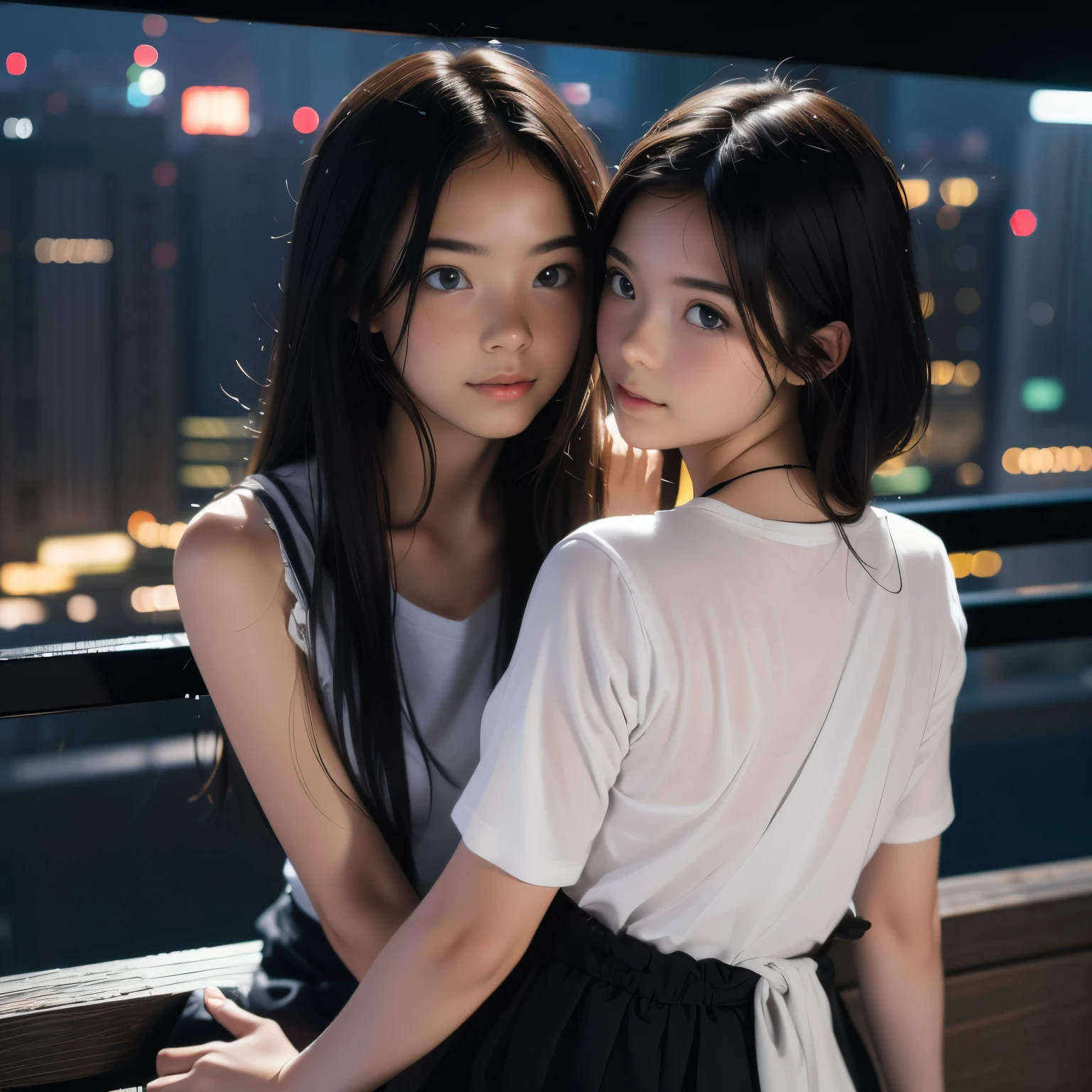 top-quality、masterpiece、超A high resolution、(Photorealsitic:1.4)、Raw photo、1a person、Unparalleled beauty、Girl in T-shirt and short skirt,Back view, Admire the night view of the city from the observation deck. (Best Quality,4K,8K,hight resolution,masutepiece:1.2),Ultra-detailed,(Realistic,Photorealistic,Photorealsitic:1.37), nffsw, nffsw, Studio Lighting, extreme light, and shadow effects.