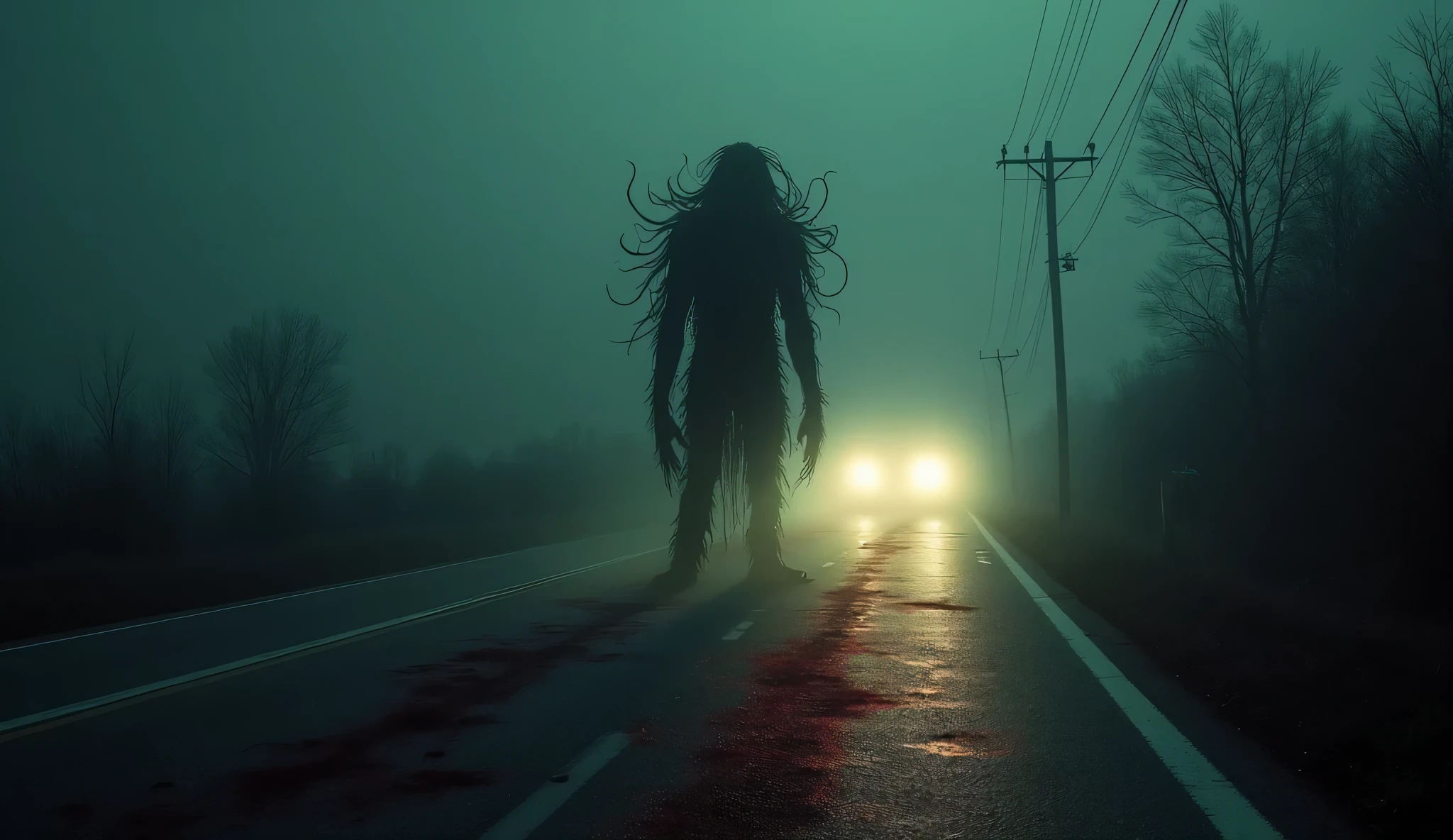 a scary horror image standing on the side of the road, PICTURE REALISTIC, high resolution, 8K