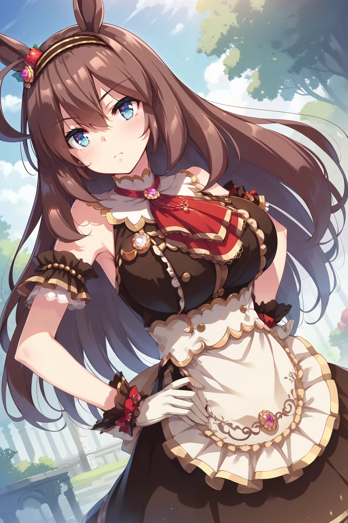 score_9, score_8_up, score_7_up, (tomose),(takeda hiromitsu:1.2), masterpiece, best quality, absurdres, unity 8k wallpaper, official art, official style, source_anime, uncensored, game cg, megami magazine, ultra delicate hair, mihono bourbon \(umamusume\), 1girl,(umamusume), horse ears, brown dress, looking at viewer, brown hairband, brooch, closed mouth,white gloves, red ascot, waist apron, sleeveless, arm garter, strawberry hair ornament, brown hair bow, wrist frilled cuffs,cowboy shot,(large breasts),hands on hip,happy