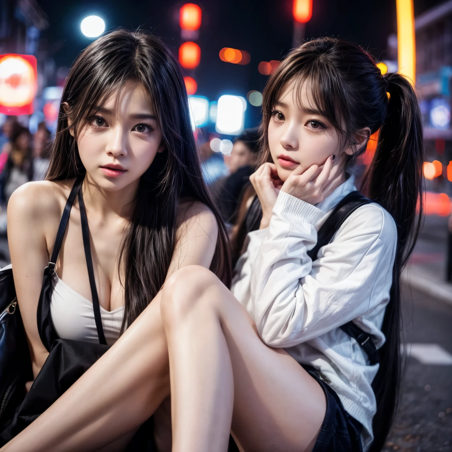 ((Realistic lighting、最好的质量、8K、A masterpice:1.3))、Clear Focus:1.2、2girls、Perfect Body Beauty:1.4、Slim abs:1.1、((dark brown hair))、(white dresses:1.4)、(plein-air、by night:1.1)、embracing each other、City Street、Superfine Face、Fine Eyes、双眼皮、(Black stockings above the knee:1.5)