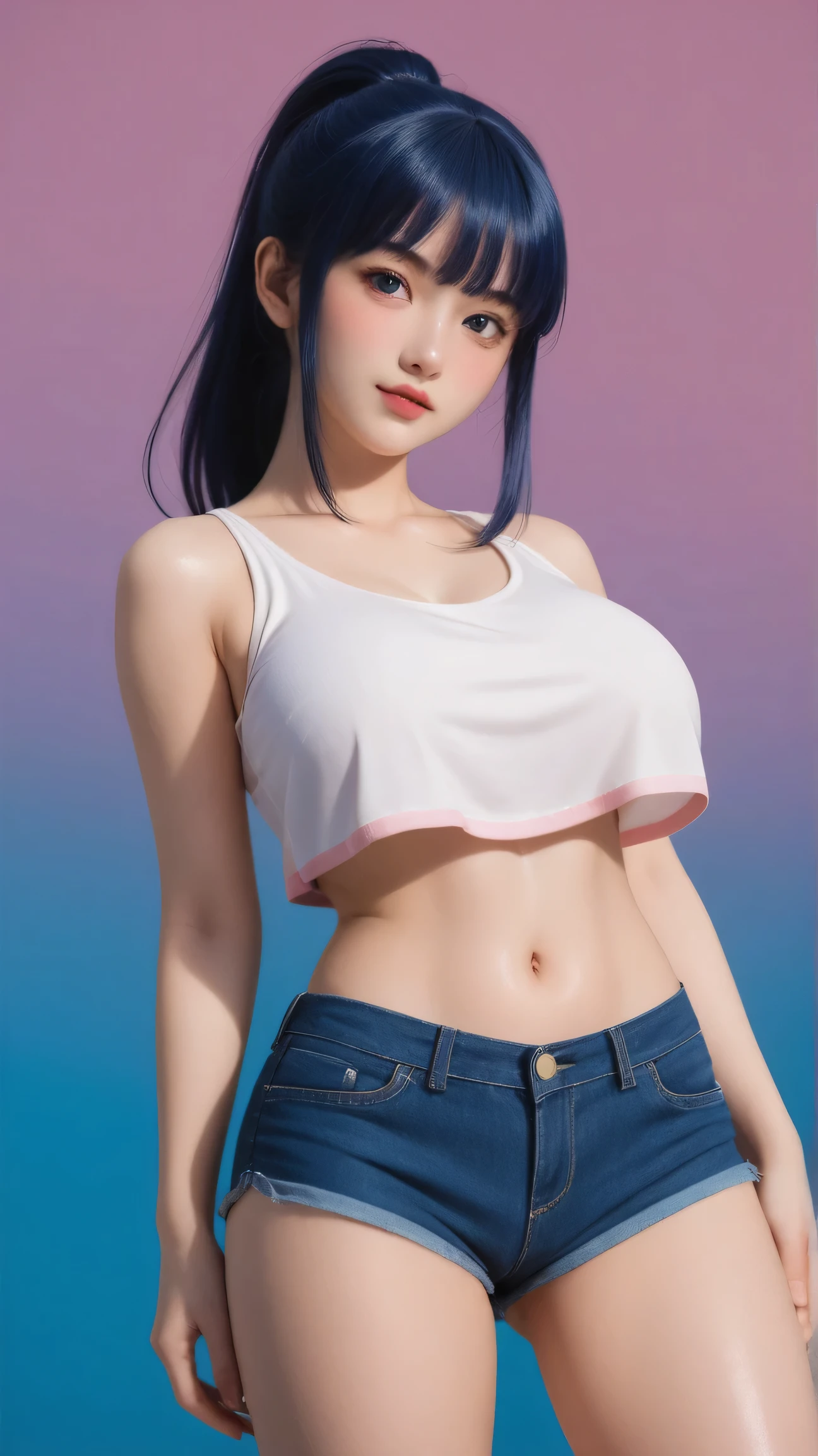 master piece:1.5、(minimal art, line drawing), 1girl,solo,Blue Background,huge breasts, crop top, short shorts, underboob, High Ponytail,Unbelievably long hair,cowboy shot , looking at viewer,Simple style,wide angle, Dynamic Angle,(bangs_pinned_back:1.5),(head_tilt:1.7),(cuvrybody:1.1),Lively posture,From the front,From below, looking at viewer, , (eyes looking off to side), Highly detailed, Amazing work,Vitreous luster, blues, purples, pinks, Best quality at best, ((shiny skin)), no background, colorful background, green background, pink background, purple background, blue background, Style retro classic, illustrated anime, heavy blushing, body blush,