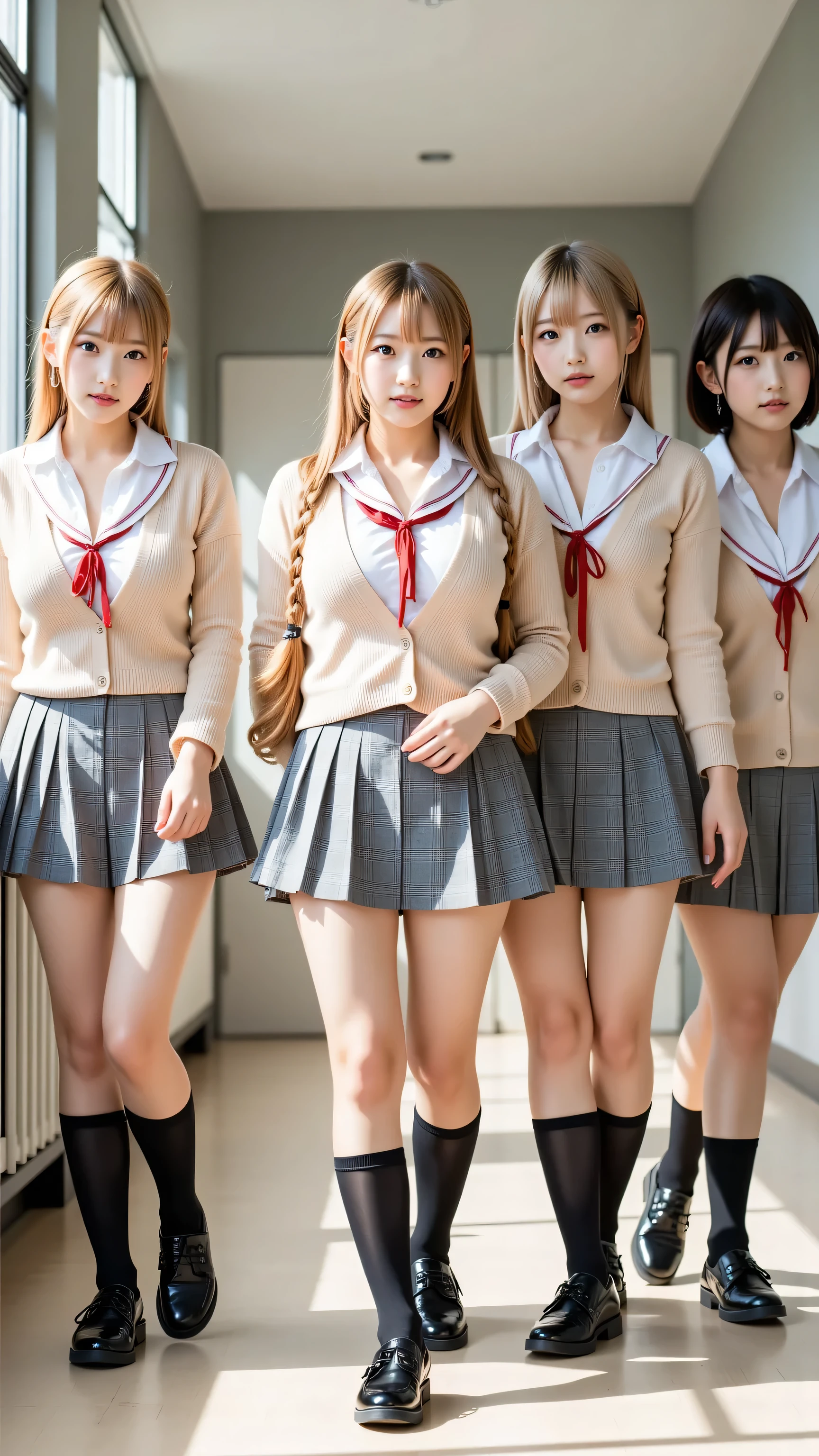 (5 girls:1.2), masterpiece, best quality, very aesthetic, absurdres, ultra detailed, UHD, 8K, highly detailed, newest, 5 girls with soft chestnut or ash blonde hair styled in braids or shoulder-length bobs; they have clear grey or light blue eyes with subtle double eyelids and natural makeup; they are dressed in light beige cardigans over white blouses paired with grey plaid skirts and neatly tied red ribbons; their outfits include black pantyhose or knee-high socks with loafers. The composition uses a cowboy shot angle that frames all five girls from their knees to their heads as they walk together in a sunlit school hallway with large windows casting soft light and shadows. At the bottom of the image, a stylish plate displays the text "seaart Fan Appreciation Festival" in a clean sans-serif font.
