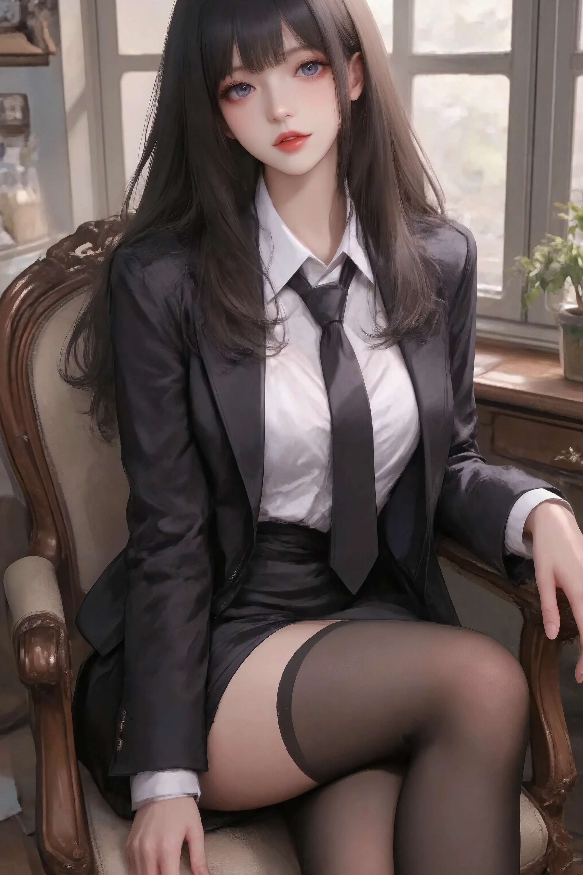  16k, nffsw, nffsw,  top quality,  masterpiece. (Cinematic digital art: 1.3),  high quality ,  masterpiece, Highest quality,  super detailed, illustration, [4k digital art]，(  sharp focus: 1.5), (Dim lighting :1.2), Depth of Field, Bokeh, 4K 、( masterpiece:1.3),   high resolution ,  Super Fine,  extremely fine CG Unity 8K wallpaper,  actual , Realism,  original photo,  Beautiful Detailed Face , pale,  Detailed Cloth Texture , Detailed hair textures,  Perfect Fit,  beautiful face,  anatomically correct ,  Highly detailed facial and skin, Natural neck length, ( Beautiful Hands ), ( fair skin:1.2), Thin legs, Thin feet, Detailed Characters、A detailed face、 detailed background ,Oval face， Air Bangs，Fairy half-length hairstyle，  looking at the camera ， purple eyes，white shirt jacket，black Sheath dress， black stockings ，whole body，Sit sideways in a chair,Bright red lipstick， red eyeshadow， dynamic pose