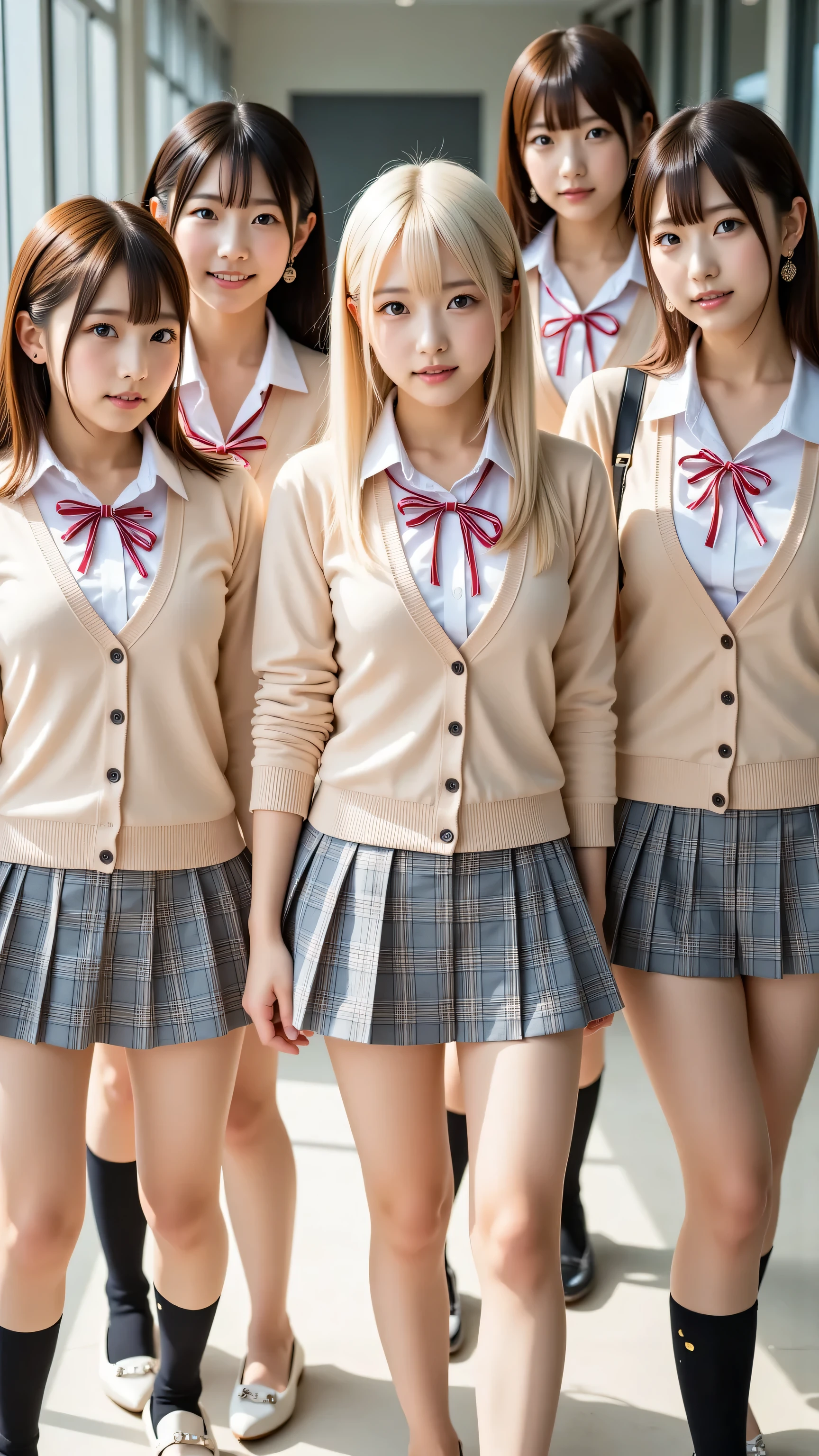 (5 girls:1.2), masterpiece, best quality, very aesthetic, absurdres, ultra detailed, UHD, 8K, highly detailed, newest, 5 girls with soft chestnut or ash blonde hair styled in braids or shoulder-length bobs; they have clear grey or light blue eyes with subtle double eyelids and natural makeup; they are dressed in light beige cardigans over white blouses paired with grey plaid skirts and neatly tied red ribbons; their outfits include black pantyhose or knee-high socks with loafers. The composition uses a cowboy shot angle that frames all five girls from their knees to their heads as they walk together in a sunlit school hallway with large windows casting soft light and shadows. At the bottom of the image, a stylish plate displays the text "seaart Fan Appreciation Festival" in a clean sans-serif font.