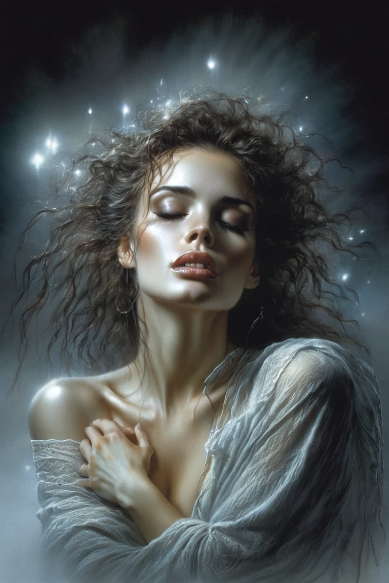 painting of a dark gloomy world. viewpoint from the universe,in the sky there is a large image of a beautiful woman with flowing hair, looking down at the world, Inspiration, cinematic scene, volumetric lights, ultra realistic, in the style of nicola samori