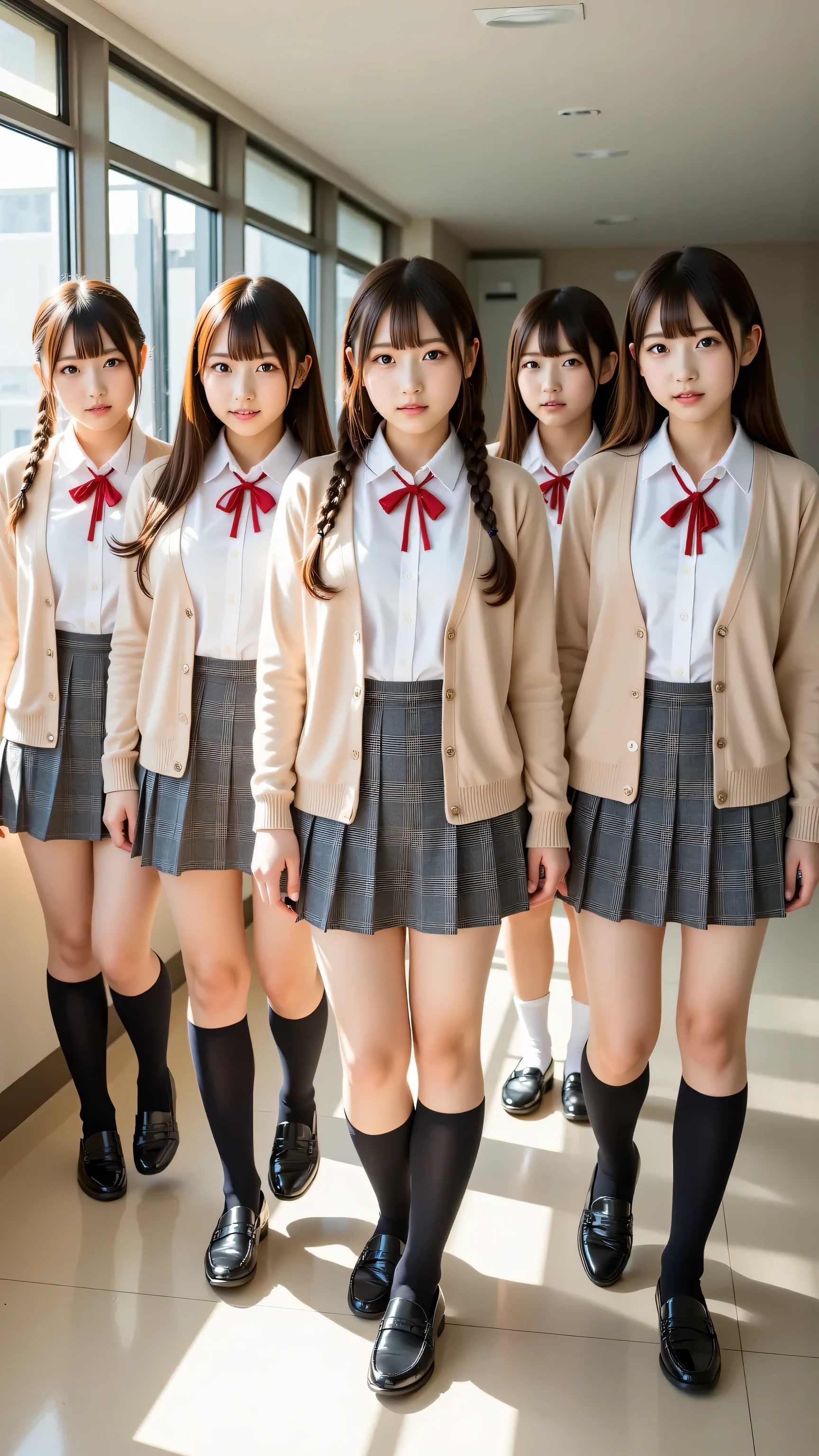 (5 girls:1.2), masterpiece, best quality, very aesthetic, absurdres, ultra detailed, UHD, 8K, highly detailed, newest, 5 girls with soft chestnut or ash blonde hair styled in braids or shoulder-length bobs; they have clear grey or light blue eyes with subtle double eyelids and natural makeup; they are dressed in light beige cardigans over white blouses paired with grey plaid skirts and neatly tied red ribbons; their outfits include black pantyhose or knee-high socks with loafers. The composition uses a cowboy shot angle that frames all five girls from their knees to their heads as they walk together in a sunlit school hallway with large windows casting soft light and shadows. At the bottom of the image, a stylish plate displays the text "seaart Fan Appreciation Festival" in a clean sans-serif font. 