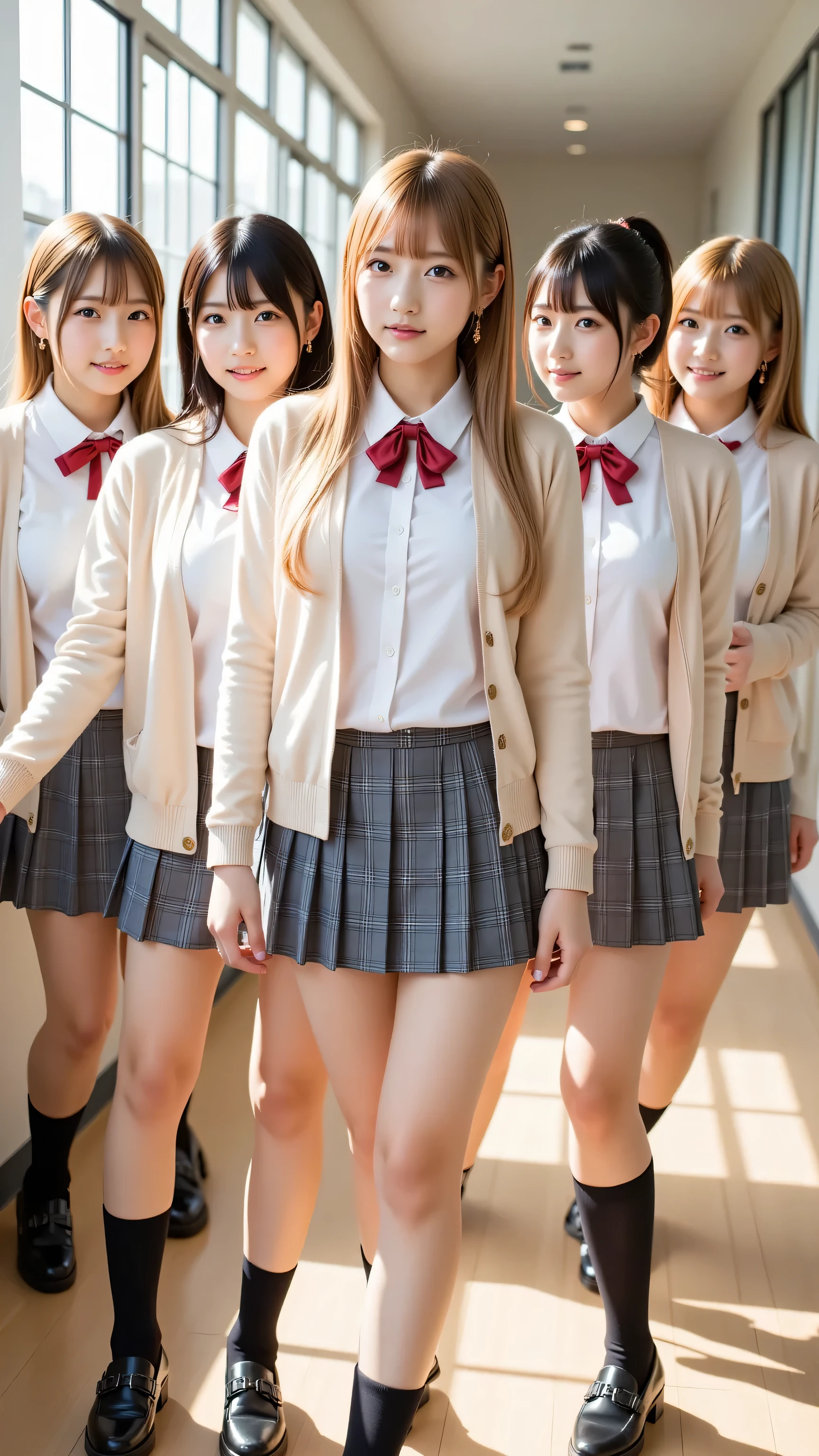 (5 girls:1.2), masterpiece, best quality, very aesthetic, absurdres, ultra detailed, UHD, 8K, highly detailed, newest, 5 girls with soft chestnut or ash blonde hair styled in braids or shoulder-length bobs; they have clear grey or light blue eyes with subtle double eyelids and natural makeup; they are dressed in light beige cardigans over white blouses paired with grey plaid skirts and neatly tied red ribbons; their outfits include black pantyhose or knee-high socks with loafers; they are depicted walking together in a sunlit school hallway with large windows casting soft light and shadows, their expressions warm and inviting as they chat and laugh quietly.