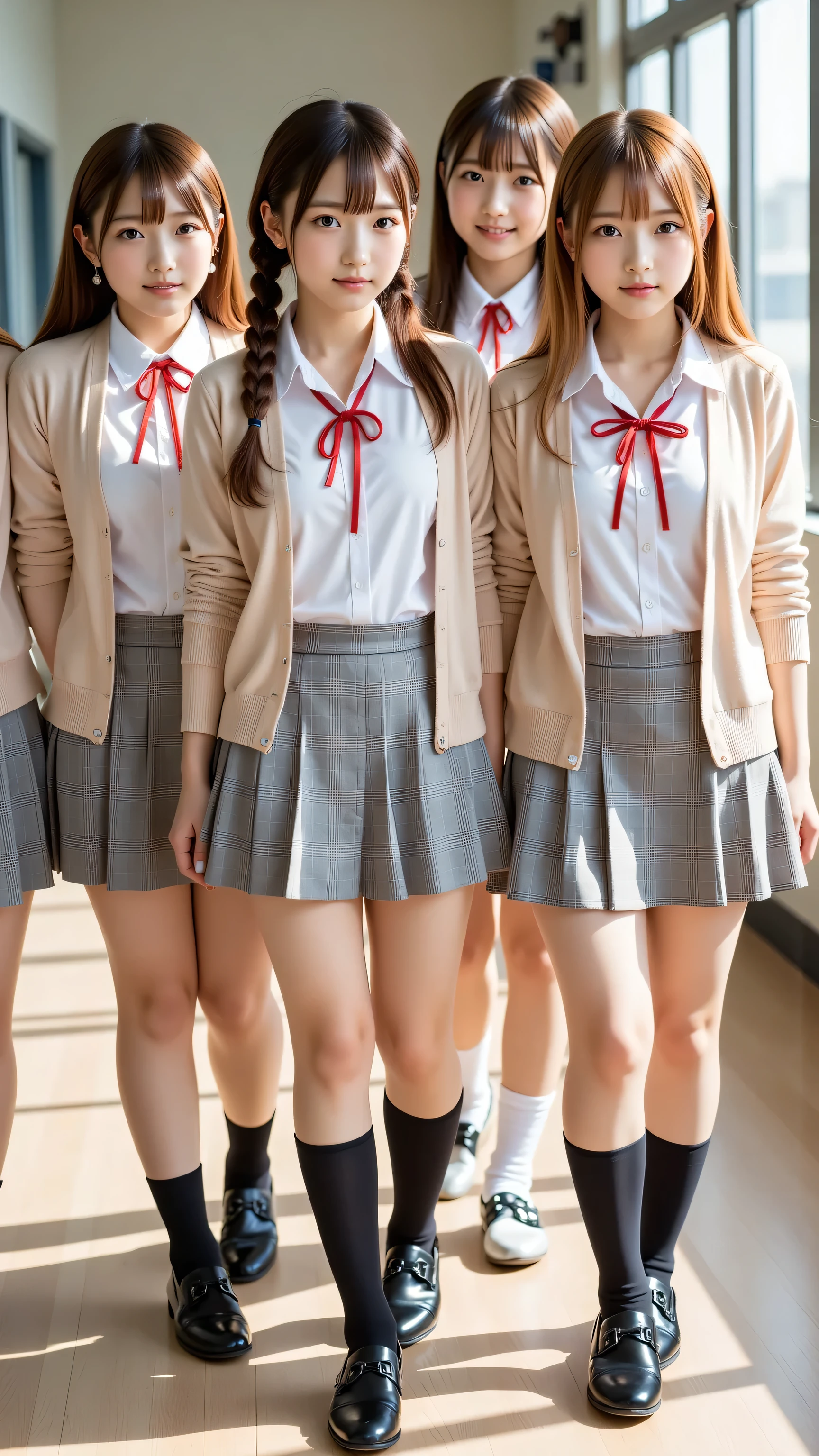 (5 girls:1.2), masterpiece, best quality, very aesthetic, absurdres, ultra detailed, UHD, 8K, highly detailed, newest, 5 girls with soft chestnut or ash blonde hair styled in braids or shoulder-length bobs; they have clear grey or light blue eyes with subtle double eyelids and natural makeup; they are dressed in light beige cardigans over white blouses paired with grey plaid skirts and neatly tied red ribbons; their outfits include black pantyhose or knee-high socks with loafers. The composition uses a cowboy shot angle that frames all five girls from their knees to their heads as they walk together in a sunlit school hallway with large windows casting soft light and shadows. At the bottom of the image, a stylish plate displays the text "seaart Fan Appreciation Festival" in a clean sans-serif font.