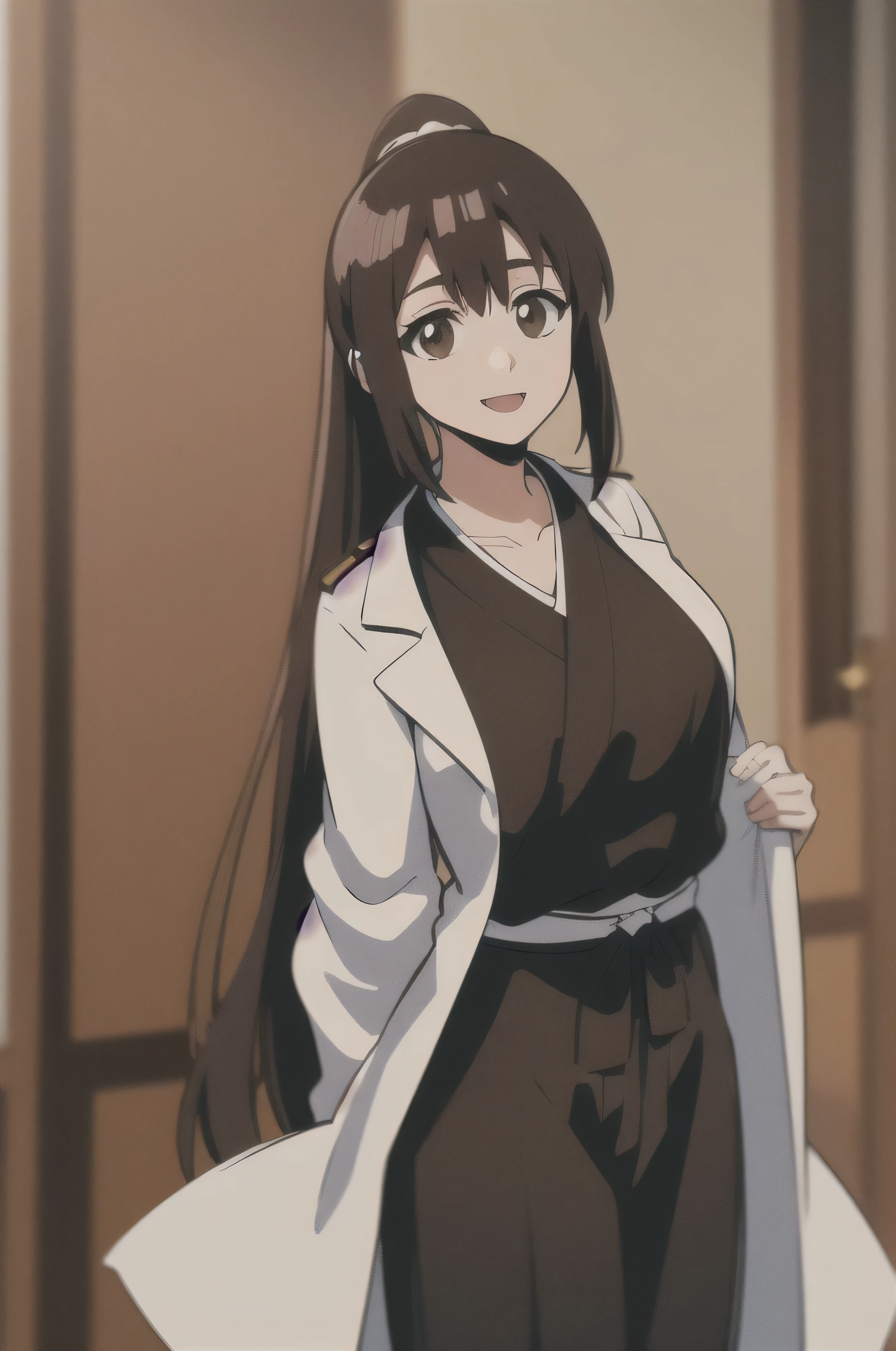  Masterpiece,   top quality ,
  one girl from the side ,   romantic love ,    black hair,  single ,  ponytail, Vancouver,   brown eyes,
 Hair bangs,
   kimono, white sleeveless coat ,Captain's coat without white sleeves,  black  kimono ,
smile,  alone,   I'm looking for ,    simple background ,  