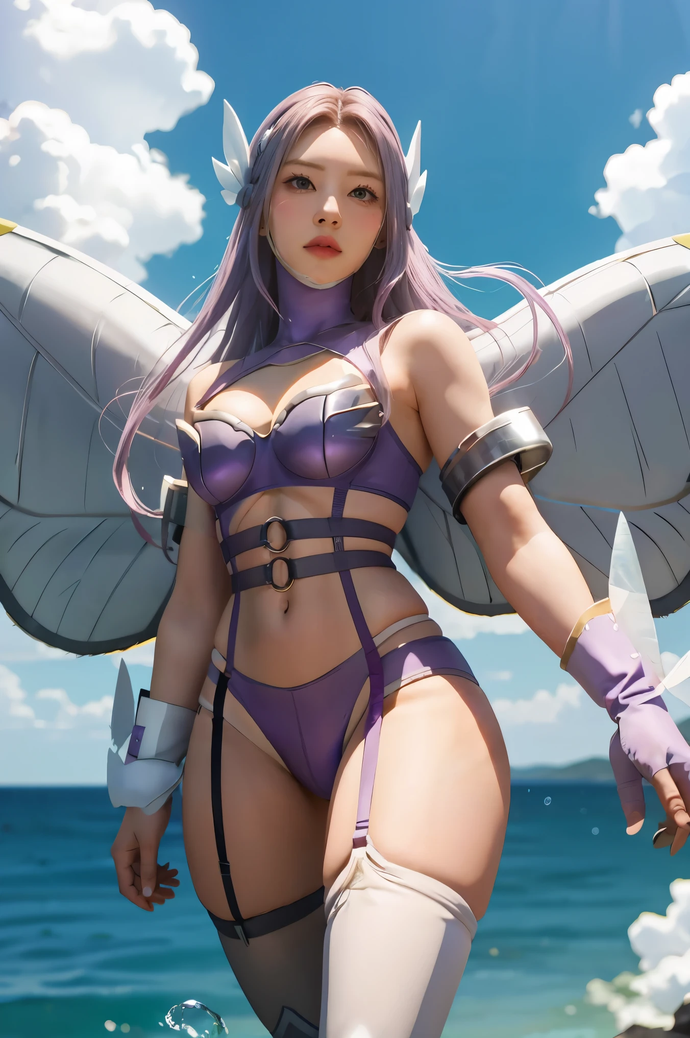 purple hair, long hair, hair ornament, belt, butterfly wings gauntlets, cleavage, garter straps, gauntlets, navel, shoulder pads, thigh highs,, sky, cloud,