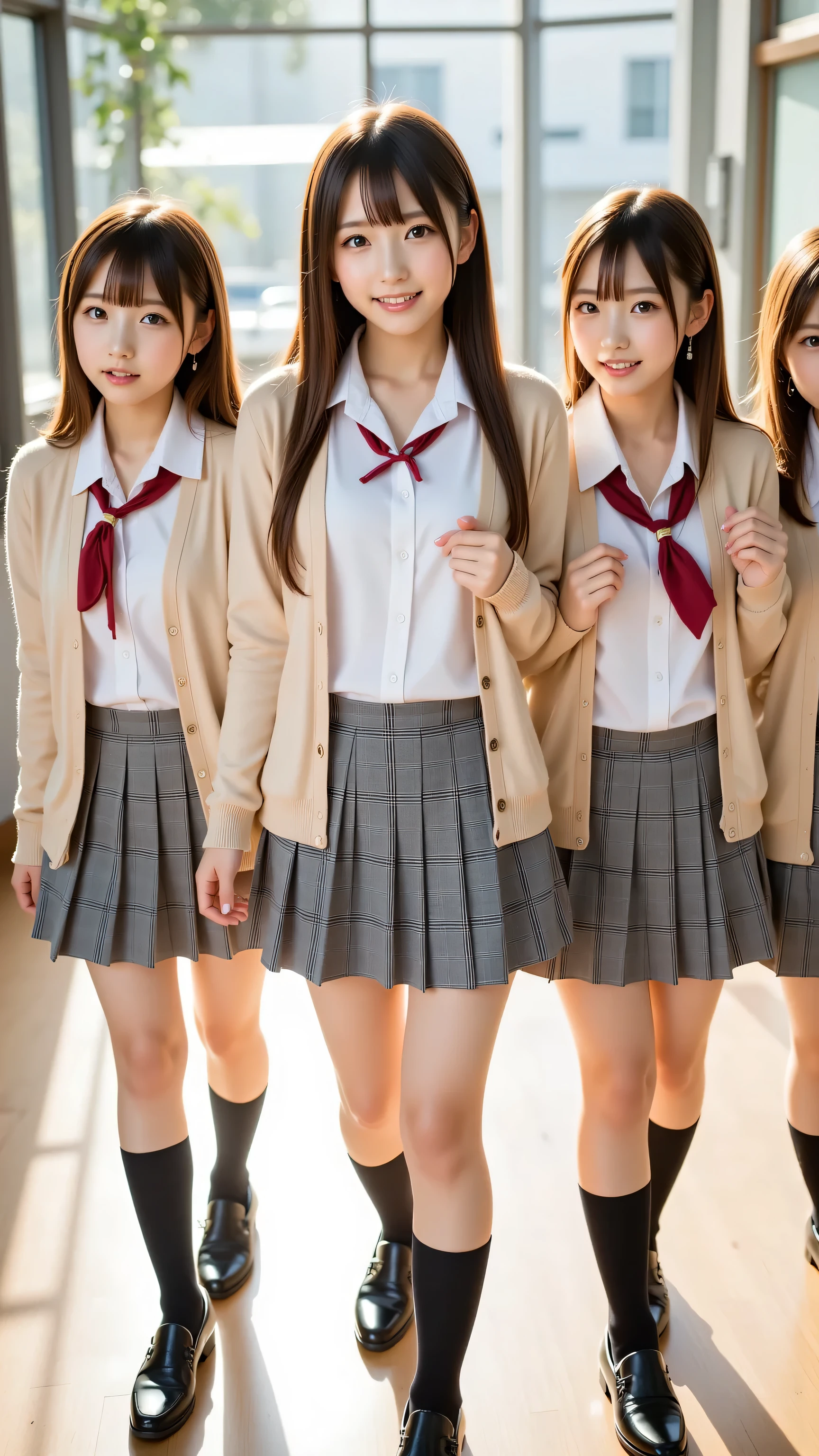(5 girls:1.2), masterpiece, best quality, very aesthetic, absurdres, ultra detailed, UHD, 8K, highly detailed, newest, 5 girls with soft chestnut or ash blonde hair styled in braids or shoulder-length bobs; they have clear grey or light blue eyes with subtle double eyelids and natural makeup; they are dressed in light beige cardigans over white blouses paired with grey plaid skirts and neatly tied red ribbons; their outfits include black pantyhose or knee-high socks with loafers; they are depicted walking together in a sunlit school hallway with large windows casting soft light and shadows, their expressions warm and inviting as they chat and laugh quietly.