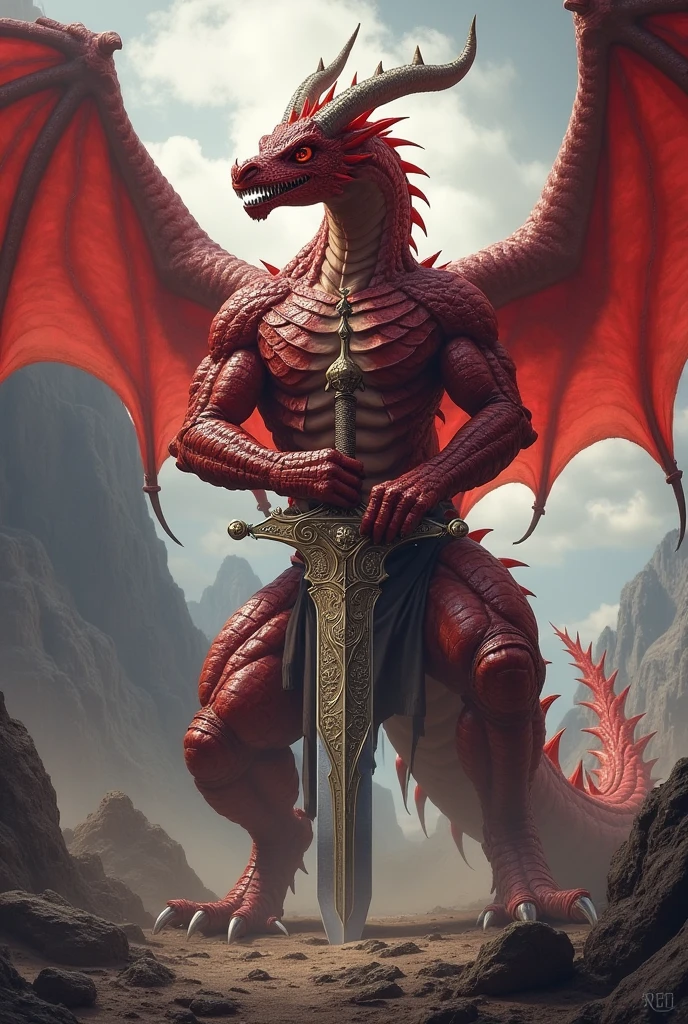 A red halphdragon boy with a sword bigger than him
