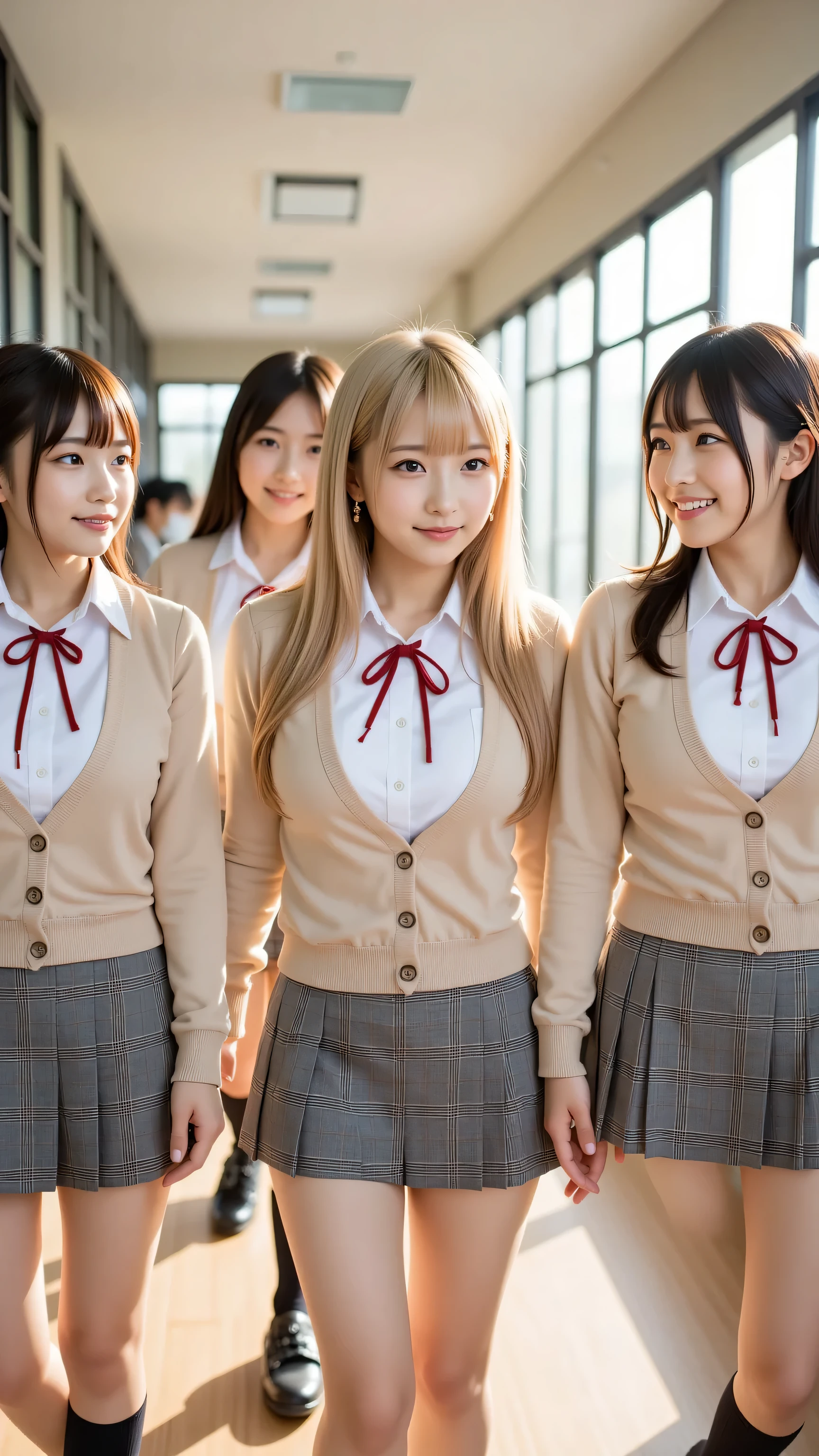 (5 girls:1.2), masterpiece, best quality, very aesthetic, absurdres, ultra detailed, UHD, 8K, highly detailed, newest, 5 girls with soft chestnut or ash blonde hair styled in braids or shoulder-length bobs; they have clear grey or light blue eyes with subtle double eyelids and natural makeup; they are dressed in light beige cardigans over white blouses paired with grey plaid skirts and neatly tied red ribbons; their outfits include black pantyhose or knee-high socks with loafers; they are depicted walking together in a sunlit school hallway with large windows casting soft light and shadows, their expressions warm and inviting as they chat and laugh quietly.