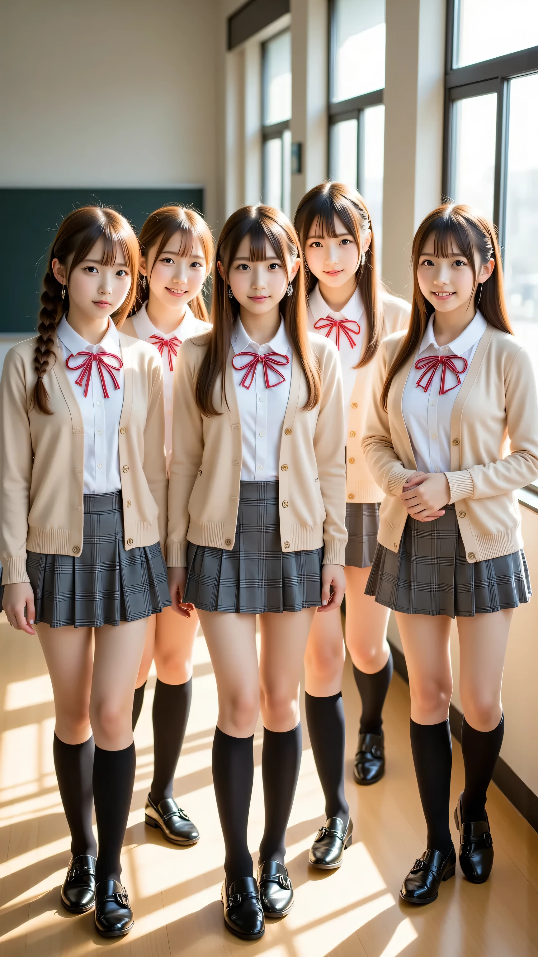(5 girls:1.2), masterpiece, best quality, very aesthetic, absurdres, ultra detailed, UHD, 8K, highly detailed, newest, 5 girls with soft chestnut or ash blonde hair styled in braids or shoulder-length bobs; they have clear grey or light blue eyes with subtle double eyelids and natural makeup; they are dressed in light beige cardigans over white blouses paired with grey plaid skirts and neatly tied red ribbons; their outfits include black pantyhose or knee-high socks with loafers; they are depicted walking together in a sunlit school hallway with large windows casting soft light and shadows, their expressions warm and inviting as they chat and laugh quietly. 