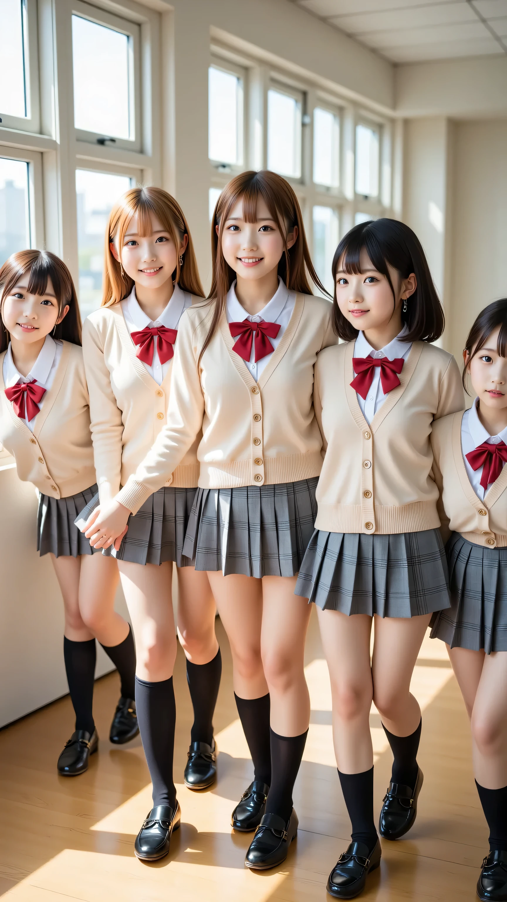 (5 girls:1.2), masterpiece, best quality, very aesthetic, absurdres, ultra detailed, UHD, 8K, highly detailed, newest, 5 girls with soft chestnut or ash blonde hair styled in braids or shoulder-length bobs; they have clear grey or light blue eyes with subtle double eyelids and natural makeup; they are dressed in light beige cardigans over white blouses paired with grey plaid skirts and neatly tied red ribbons; their outfits include black pantyhose or knee-high socks with loafers; they are depicted walking together in a sunlit school hallway with large windows casting soft light and shadows, their expressions warm and inviting as they chat and laugh quietly. 