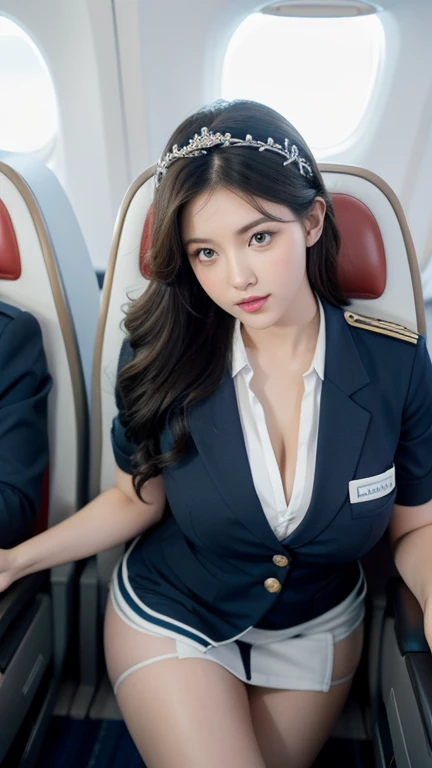 8K, masterpiece, raw photo, best quality, realistic, 매우 상세한 CG가 8K를 통합합니다., 8K, Diamond, and wallpaper, depth of field, cinematic light, lens flare, ray tracing, (very beautiful face, beautiful lips, beautiful eyes), A face with intricate details, ((highly detailed skin)) 1 girl, in the dark, deep shadow, pretty korean girl, kpop idol, Photo of a sexy woman sitting in an airplane seat,wearing white flight attendant uniform,Skirt that hugs the buttocks,(아주 날씬하고 slim 근육질의 몸매:1.3), (flesh colored pantyhose:1.3),Light and tight flight attendant uniform,medium chest,wide hips,dried up,red lip,black eyes,(scary:0.9),cross legs,(Textured fabrics:0.9),looking at viewer, (pale skin), (big eyes),(smile:0.8),seduce the camera,(metal fabric:0.5),very complicated,(In reality,original language:1.5), Side slit, (hazy:0.9), detail of face, poor quality photos, high contrast, inside the airplane, slim, bow-shaped, (rebellion:0.4)
