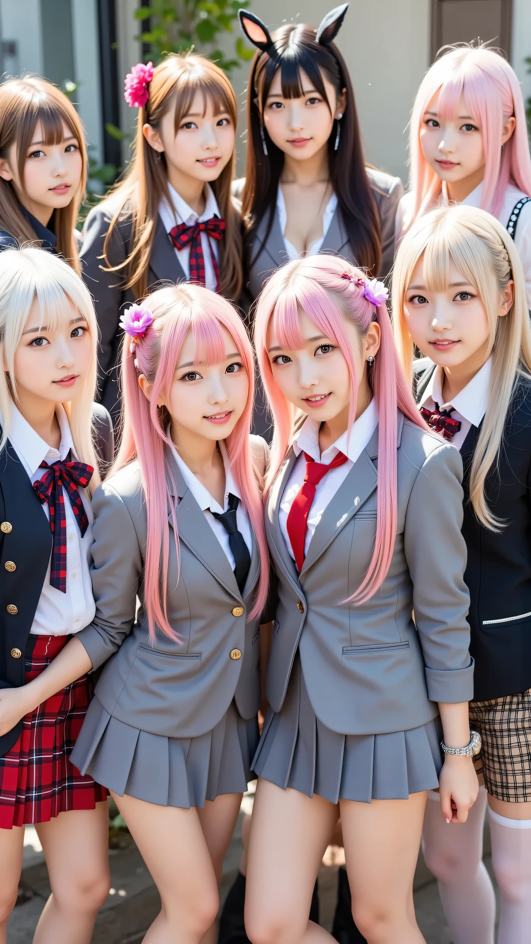 (5 girls:1.2), masterpiece, best quality, very aesthetic, absurdres, ultra detailed, UHD, 8K, highly detailed, newest, 5 girls with long pink messy hair and pink eyes wearing flower hair ornaments; they are dressed in grey blazers with red neckties, grey pleated skirts, black fishnet tights, smiling with open mouths; another group of 5 girls with long platinum hair styled with braids and rabbit ears; they have dark red eyes and wear blazers over sweaters paired with plaid skirts and white pantyhose while smiling; all groups are depicted in ultra-detailed aesthetics with vibrant colors and expressive poses.