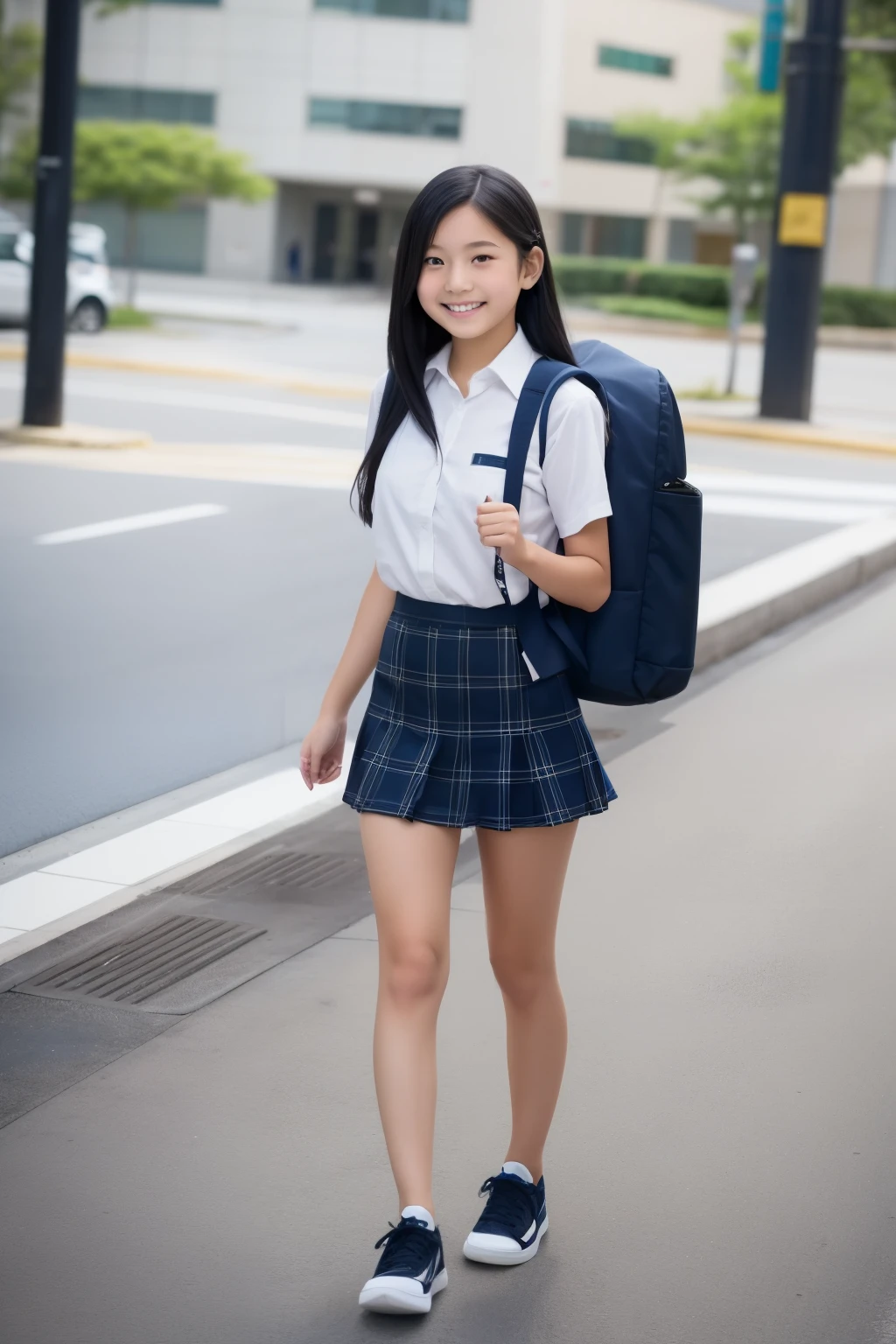 Japanese middle school girl, white background, white collared shirt,navy blue student vest , Navy Blue Check Mini Skirt: long black hair:1.5,Wear sneakers barefoot ,Girl in uniform walking :1.5, backpack that is being wiped by hand:1.5,The smile of a white-skinned Taiwanese,Reflect the whole body, low angle,